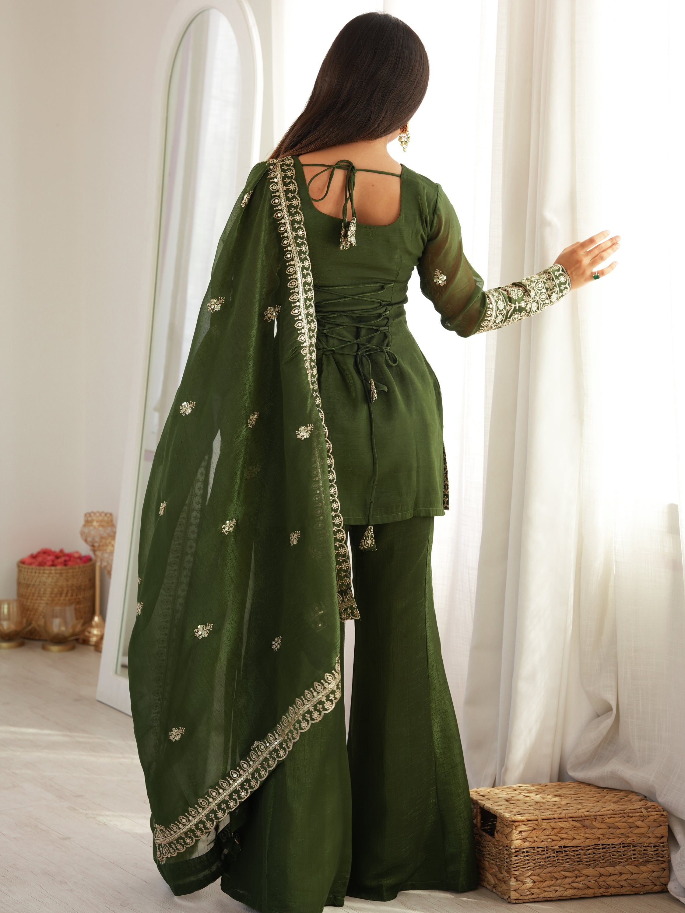 Stupendous Green Zari Work Silk Mehendi Wear Palazzo Suit