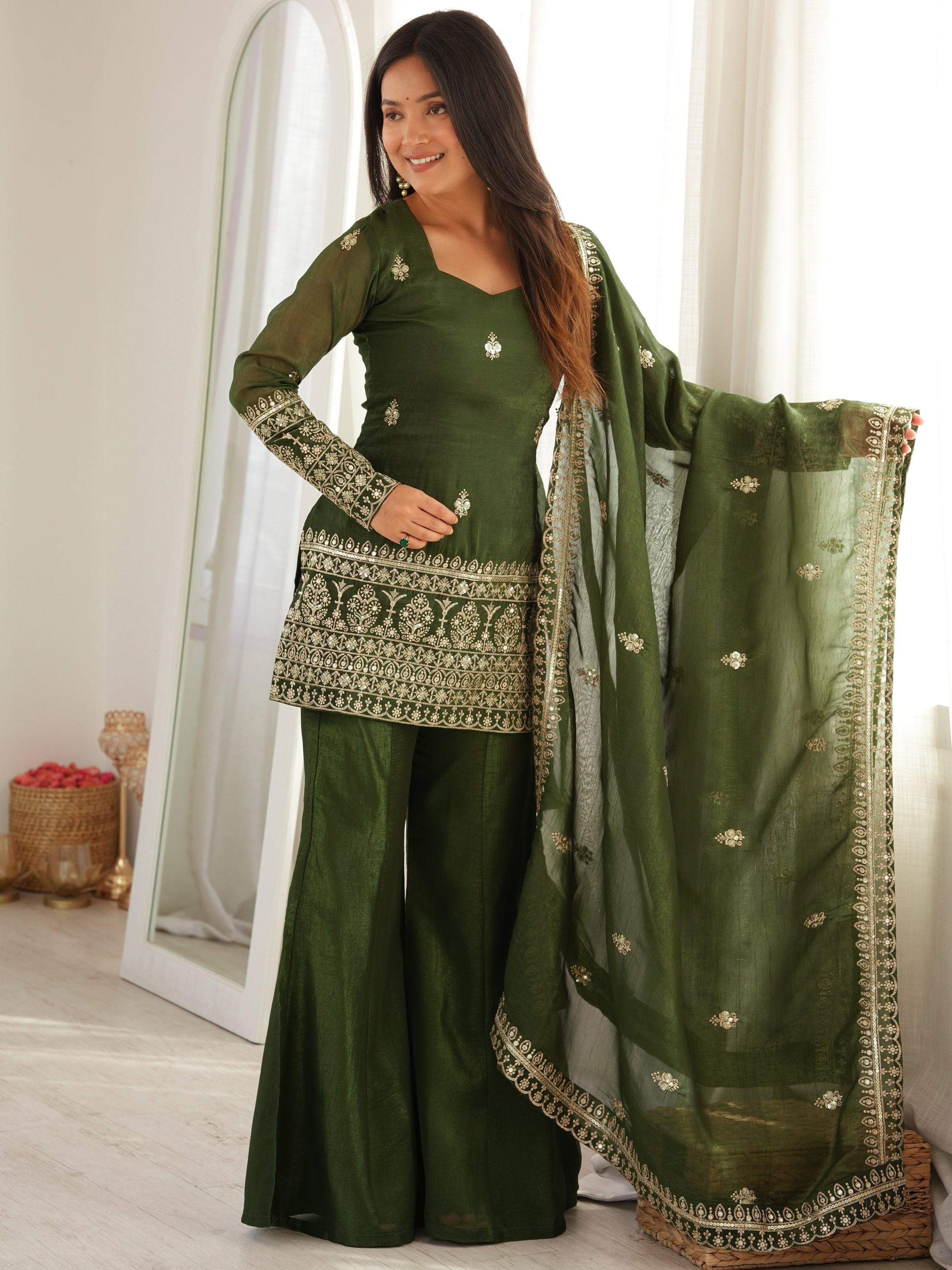 Stupendous Green Zari Work Silk Mehendi Wear Palazzo Suit