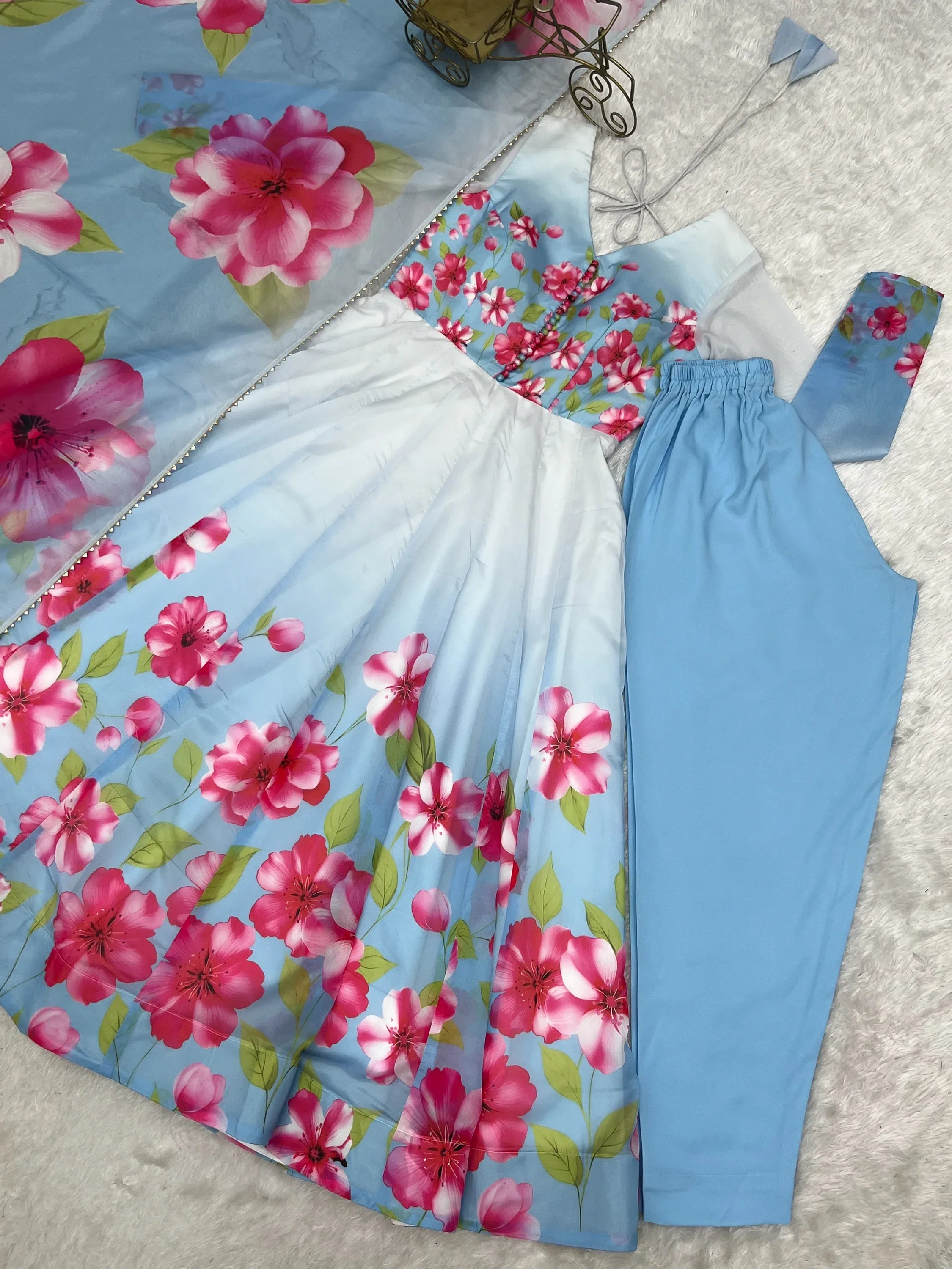 Incredible Sky Blue Floral Printed Silk Festive Wear Anarkali Suit With Dupatta