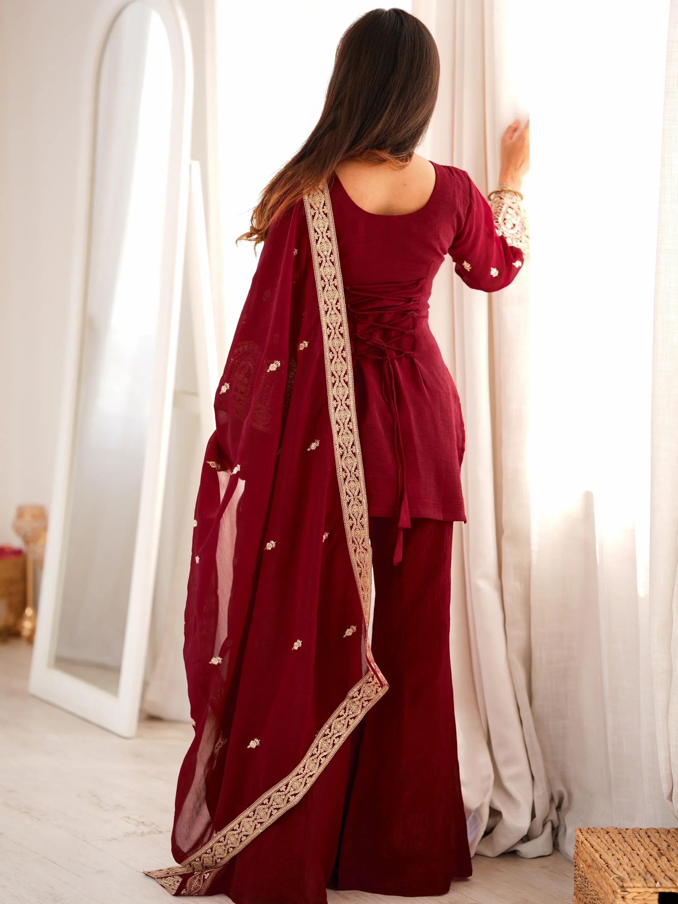 Graceful Maroon Embroidered Silk Festive Special Palazzo Suit