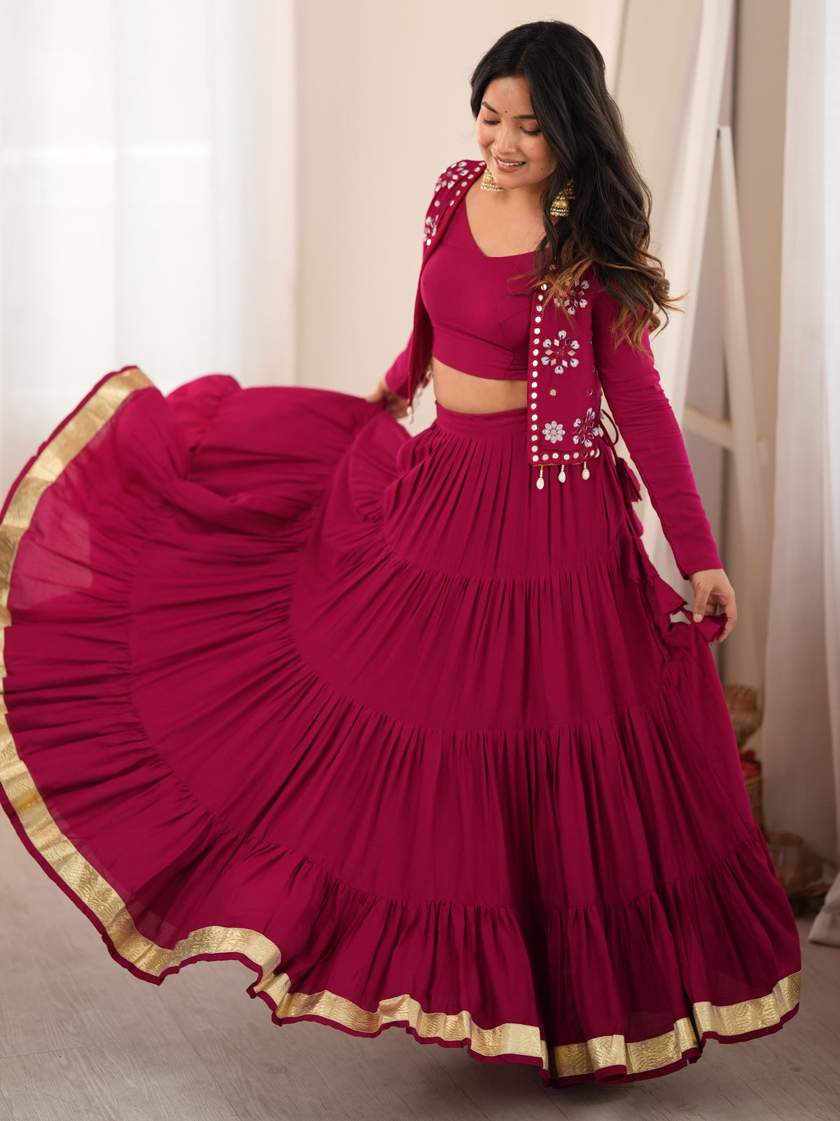 Rich Magenta Rayon Navratri Wear Lehenga Choli With Thread Work Koti