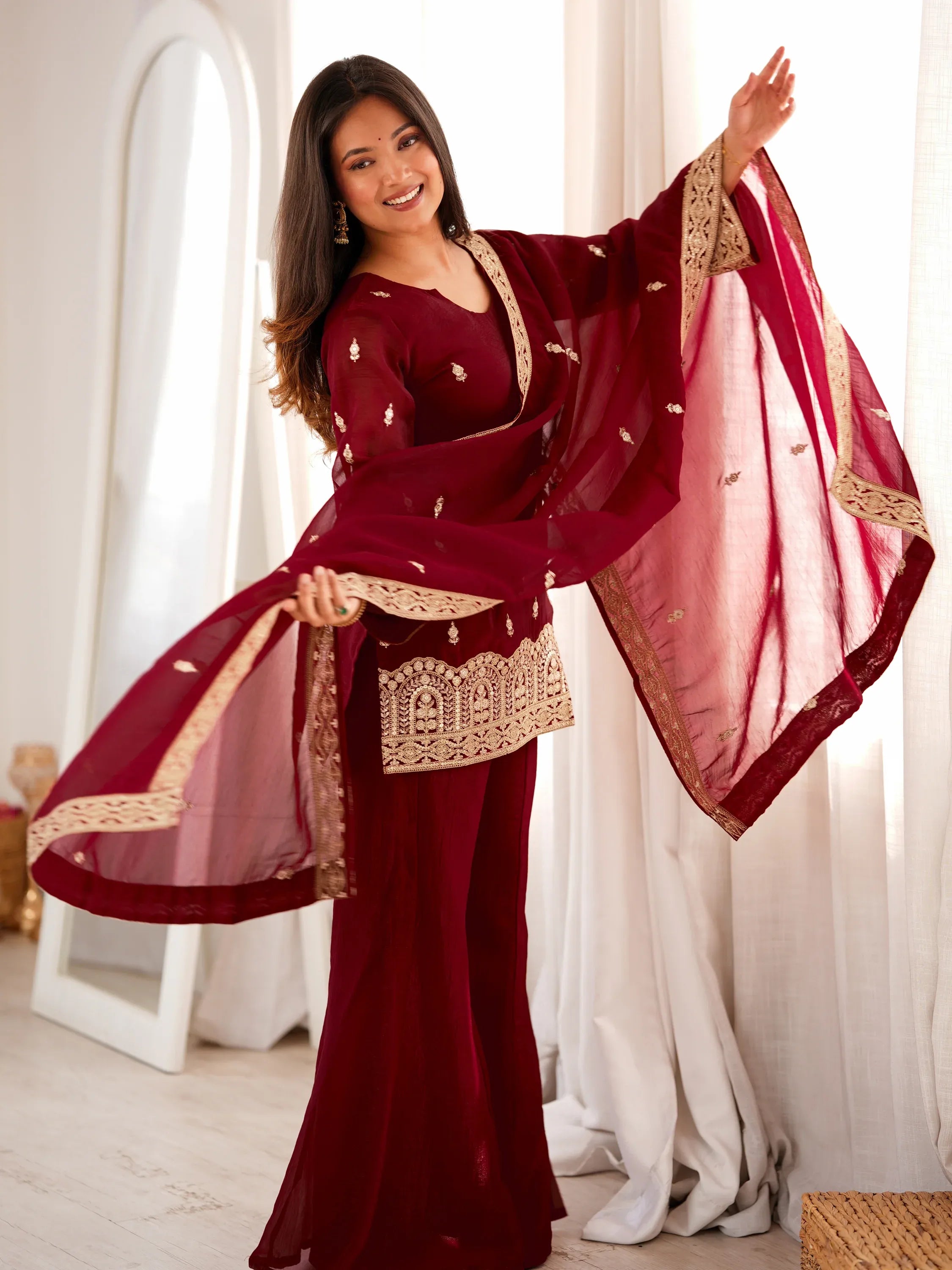 Graceful Maroon Embroidered Silk Festive Special Palazzo Suit