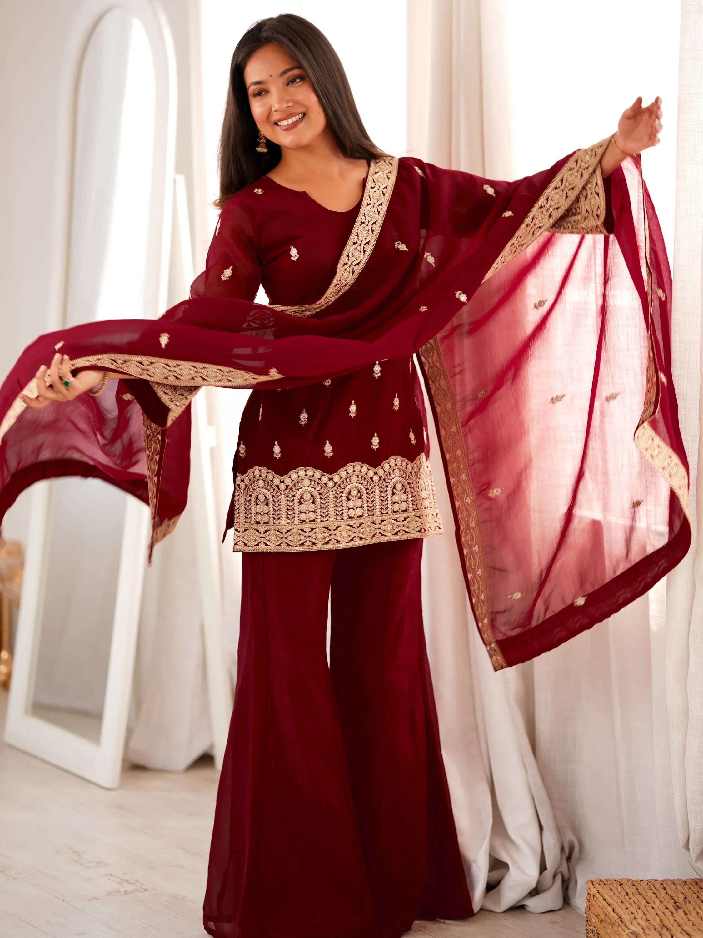 Graceful Maroon Embroidered Silk Festive Special Palazzo Suit