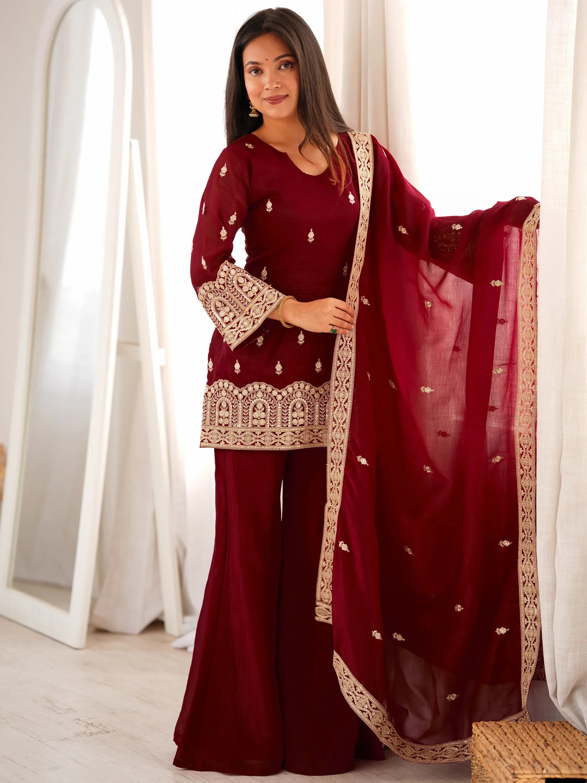 Graceful Maroon Embroidered Silk Festive Special Palazzo Suit