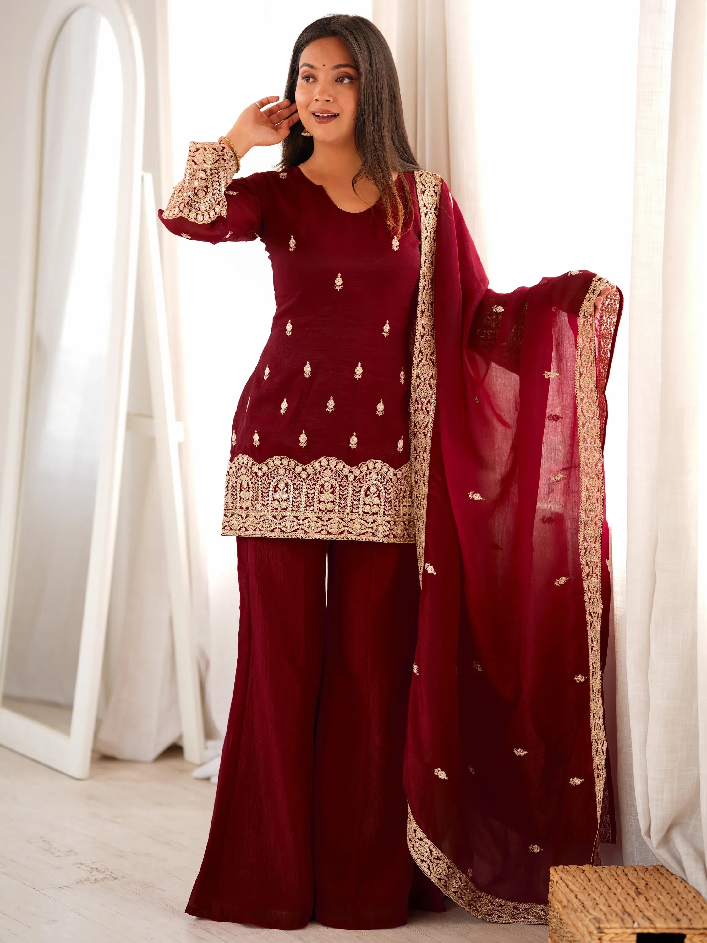 Graceful Maroon Embroidered Silk Festive Special Palazzo Suit