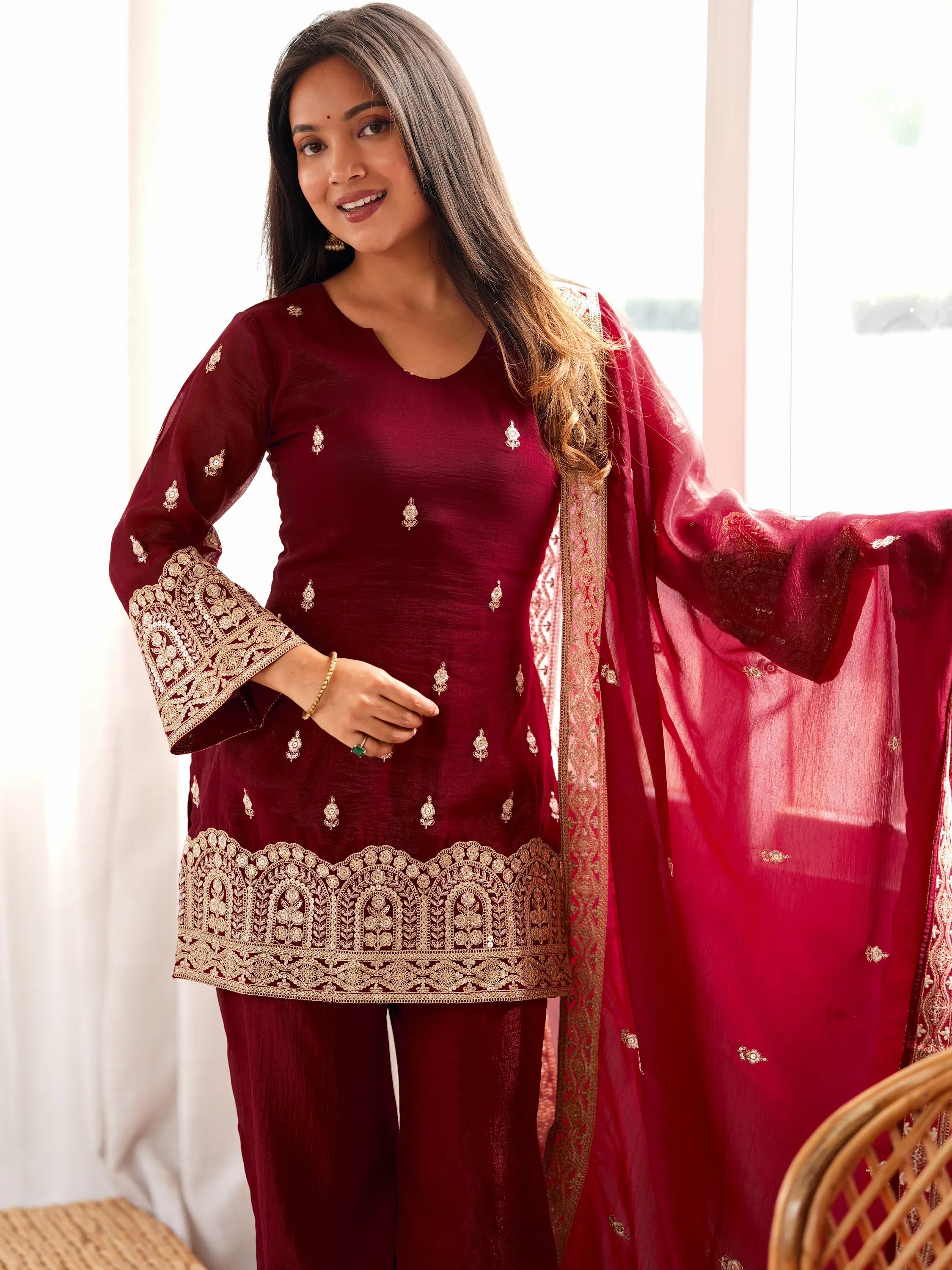 Graceful Maroon Embroidered Silk Festive Special Palazzo Suit