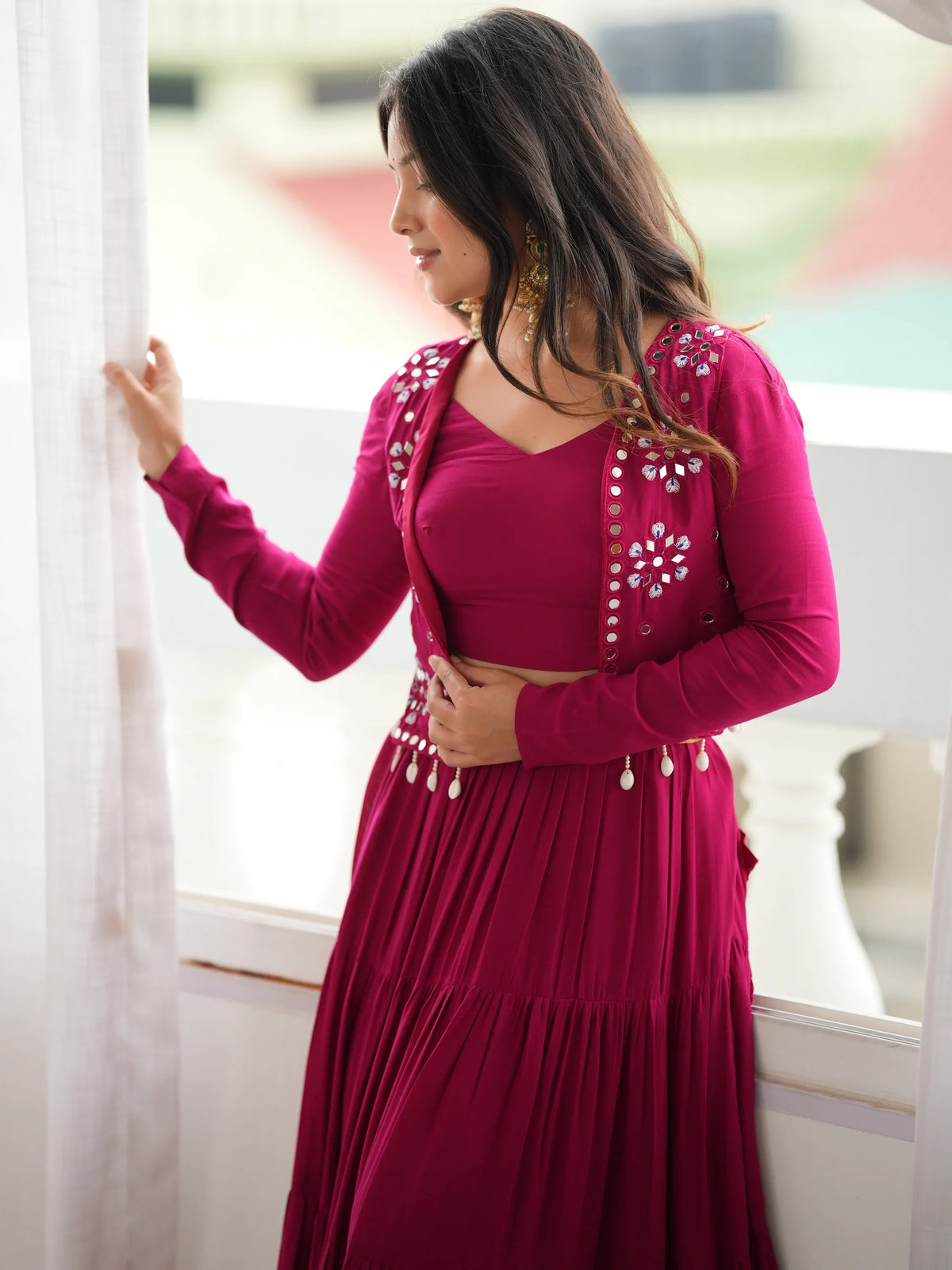 Rich Magenta Rayon Navratri Wear Lehenga Choli With Thread Work Koti