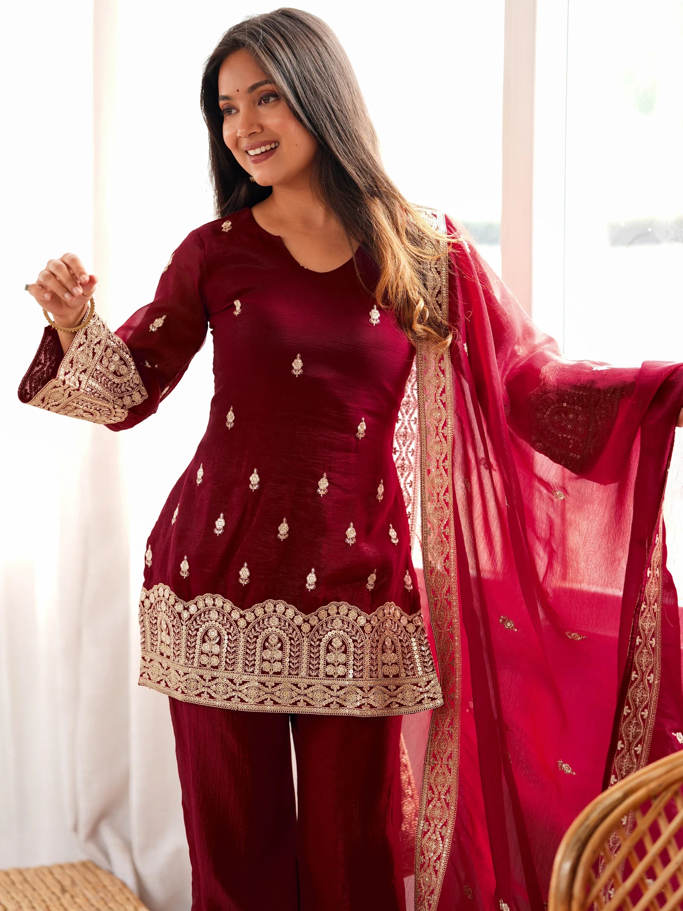 Graceful Maroon Embroidered Silk Festive Special Palazzo Suit