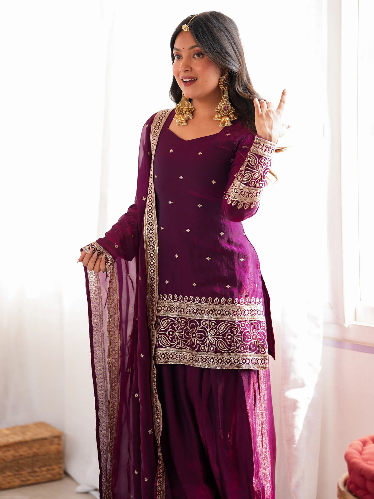 Phenomenal Purple Sequins Silk Festive Wear Salwar Suit