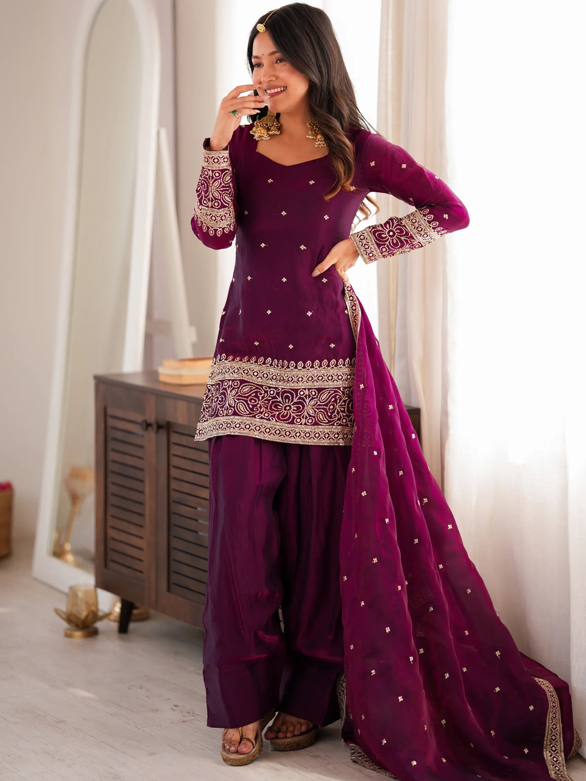 Phenomenal Purple Sequins Silk Festive Wear Salwar Suit