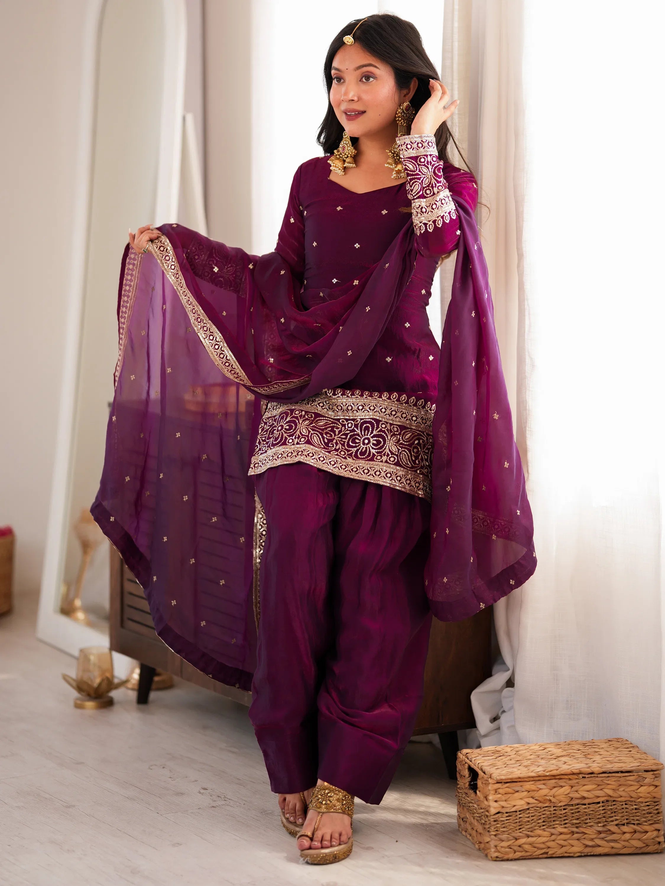 Phenomenal Purple Sequins Silk Festive Wear Salwar Suit
