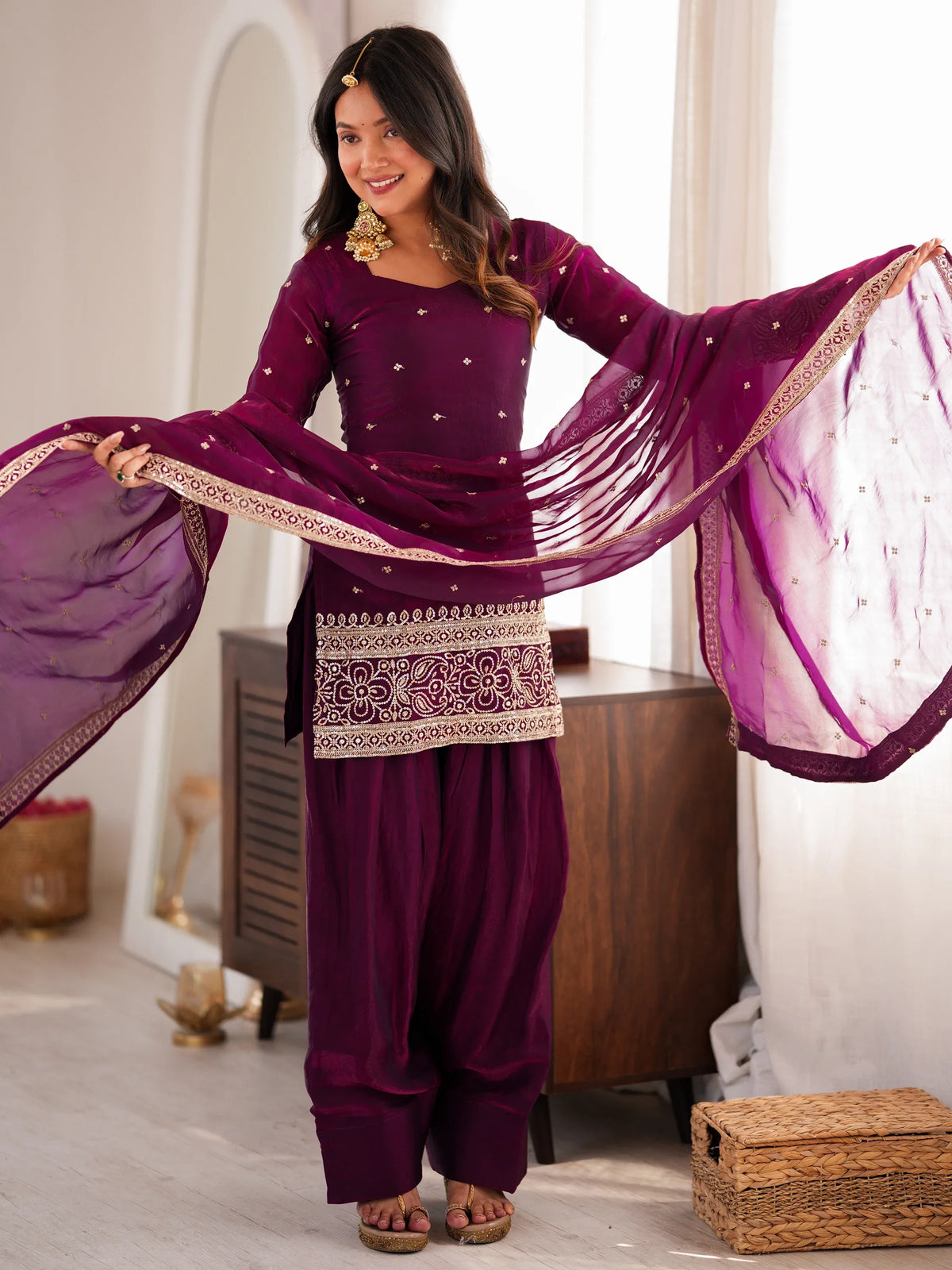 Phenomenal Purple Sequins Silk Festive Wear Salwar Suit