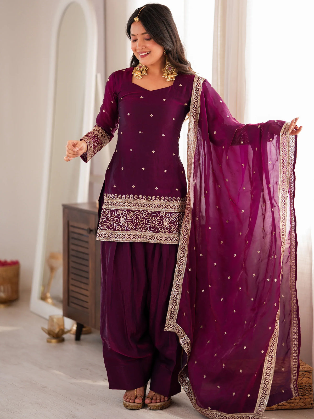 Phenomenal Purple Sequins Silk Festive Wear Salwar Suit