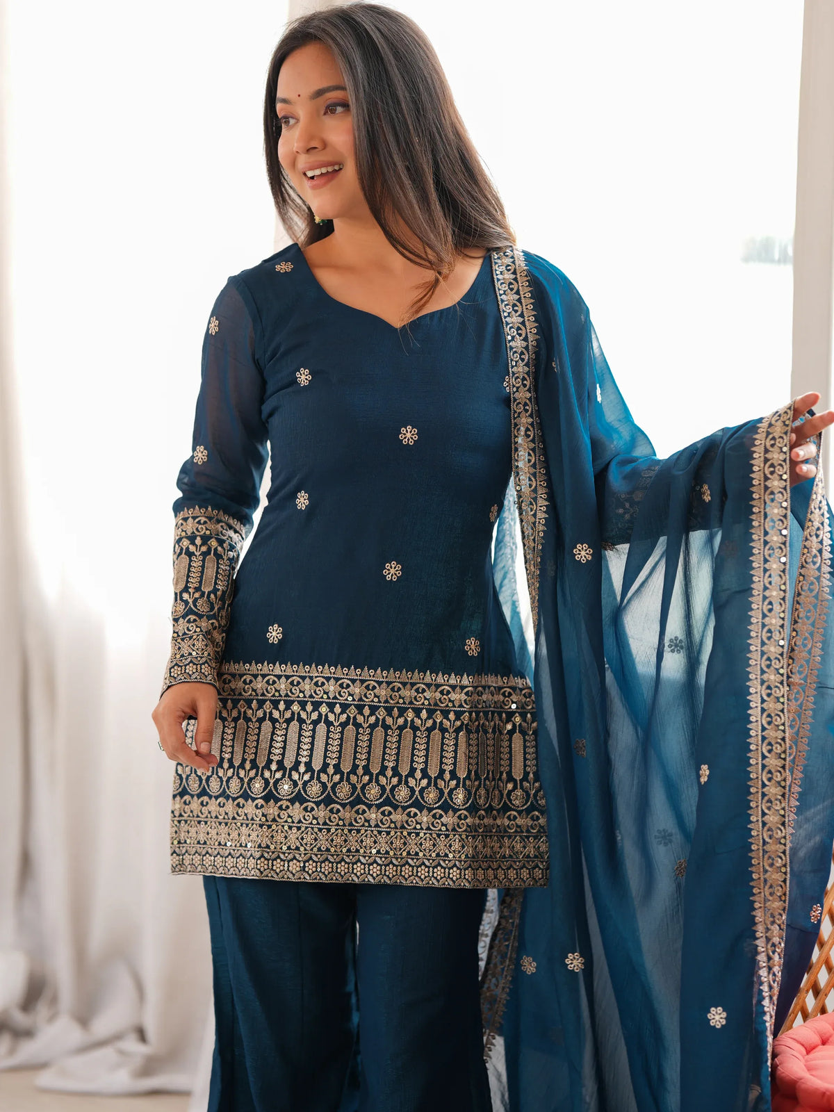 Astonishing Teal Blue Embroidered Silk Event Wear Palazzo Suit