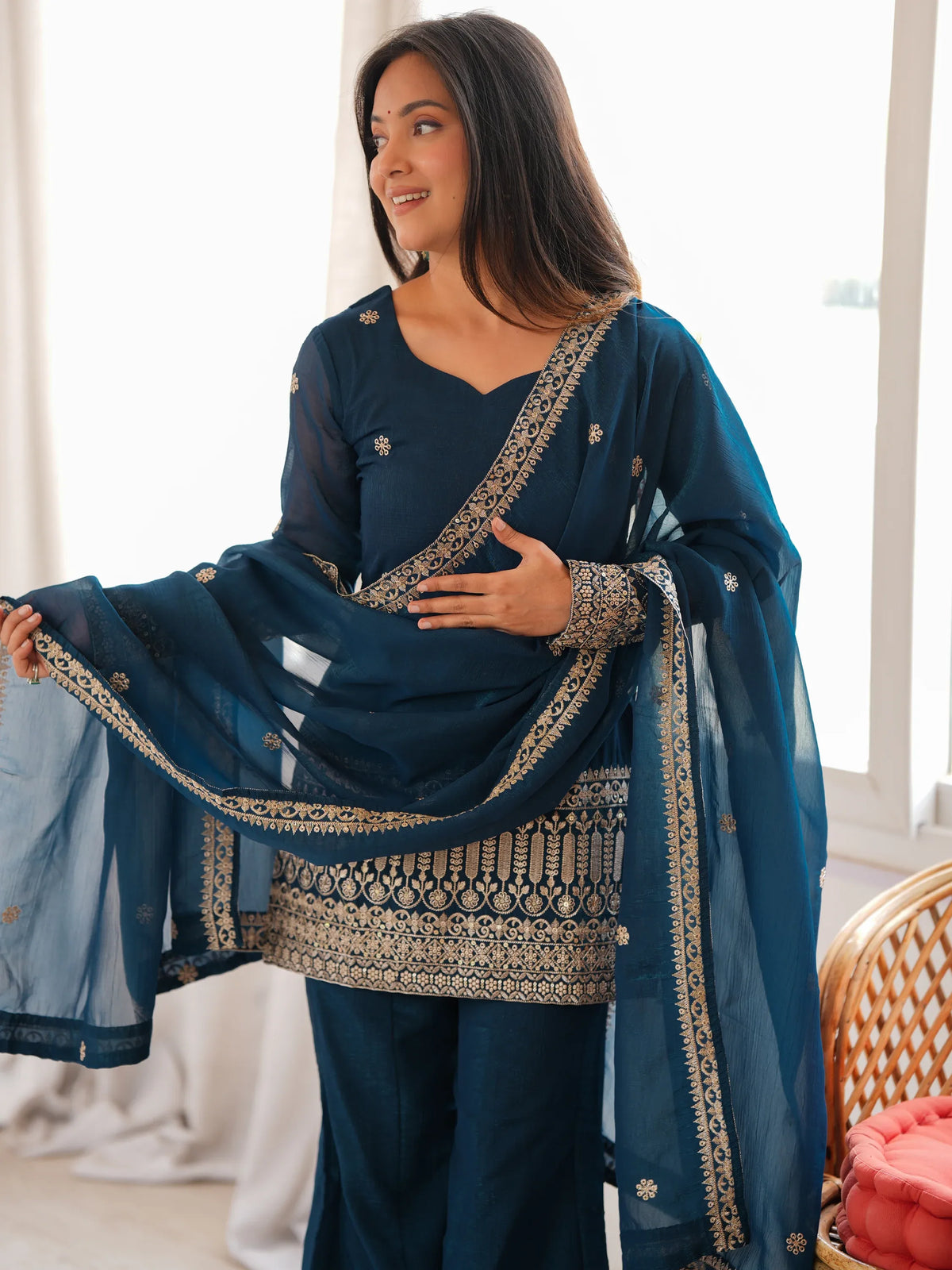 Astonishing Teal Blue Embroidered Silk Event Wear Palazzo Suit