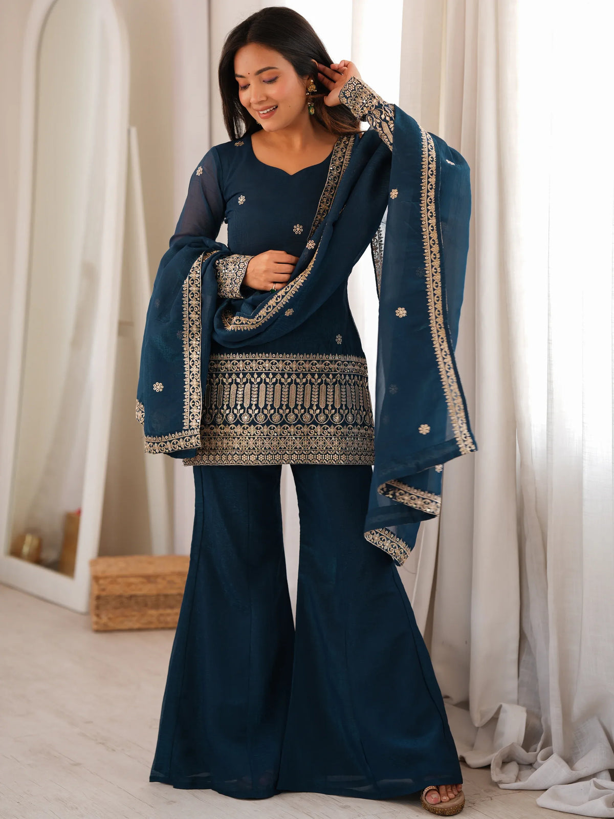 Astonishing Teal Blue Embroidered Silk Event Wear Palazzo Suit
