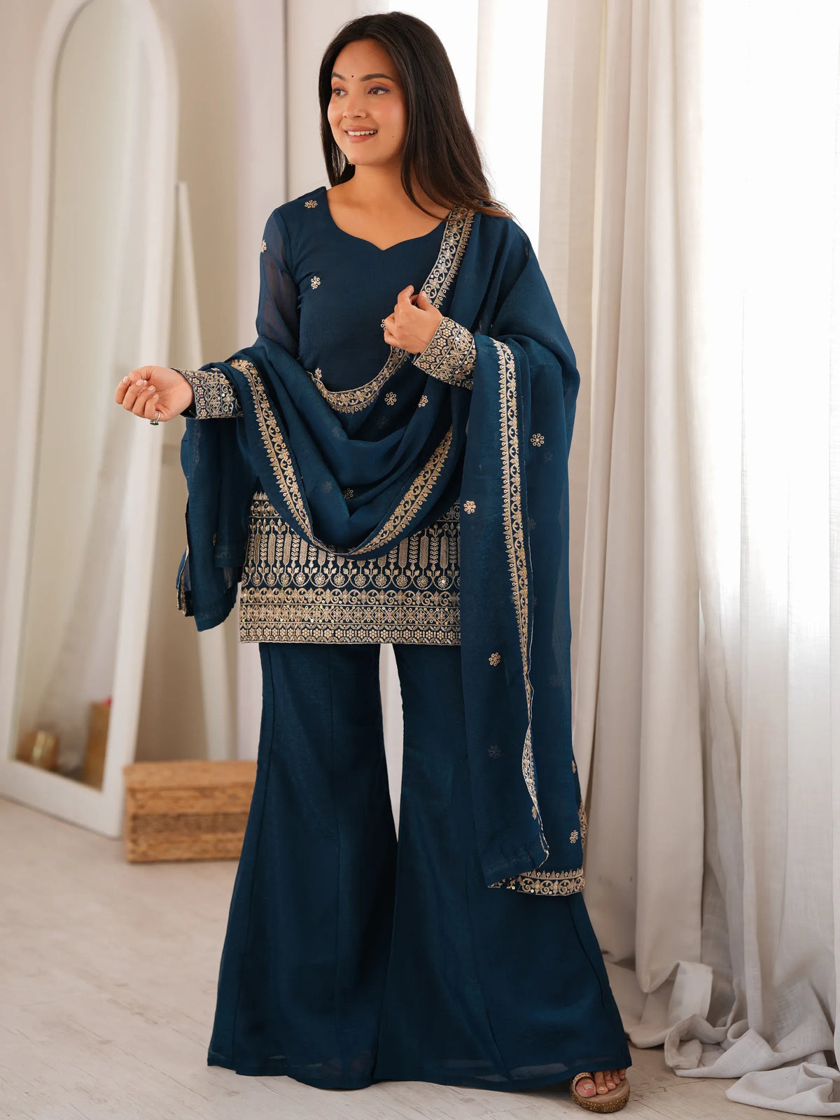 Astonishing Teal Blue Embroidered Silk Event Wear Palazzo Suit