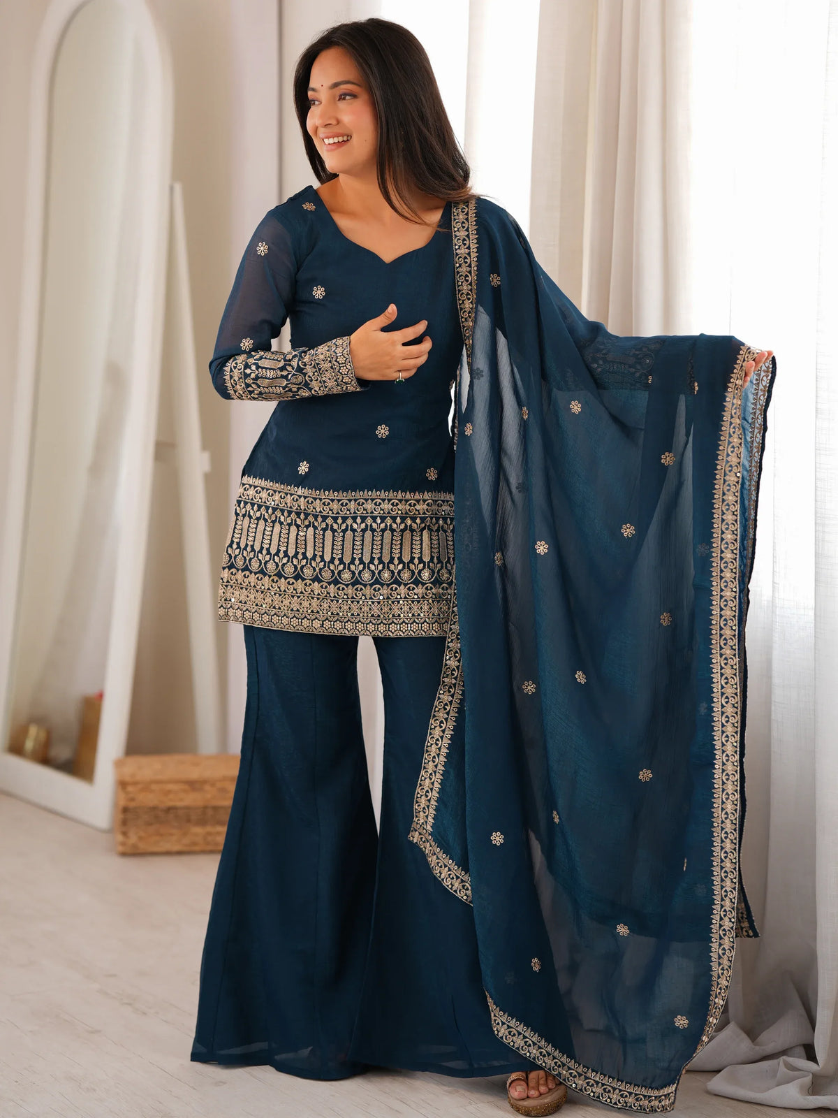 Astonishing Teal Blue Embroidered Silk Event Wear Palazzo Suit