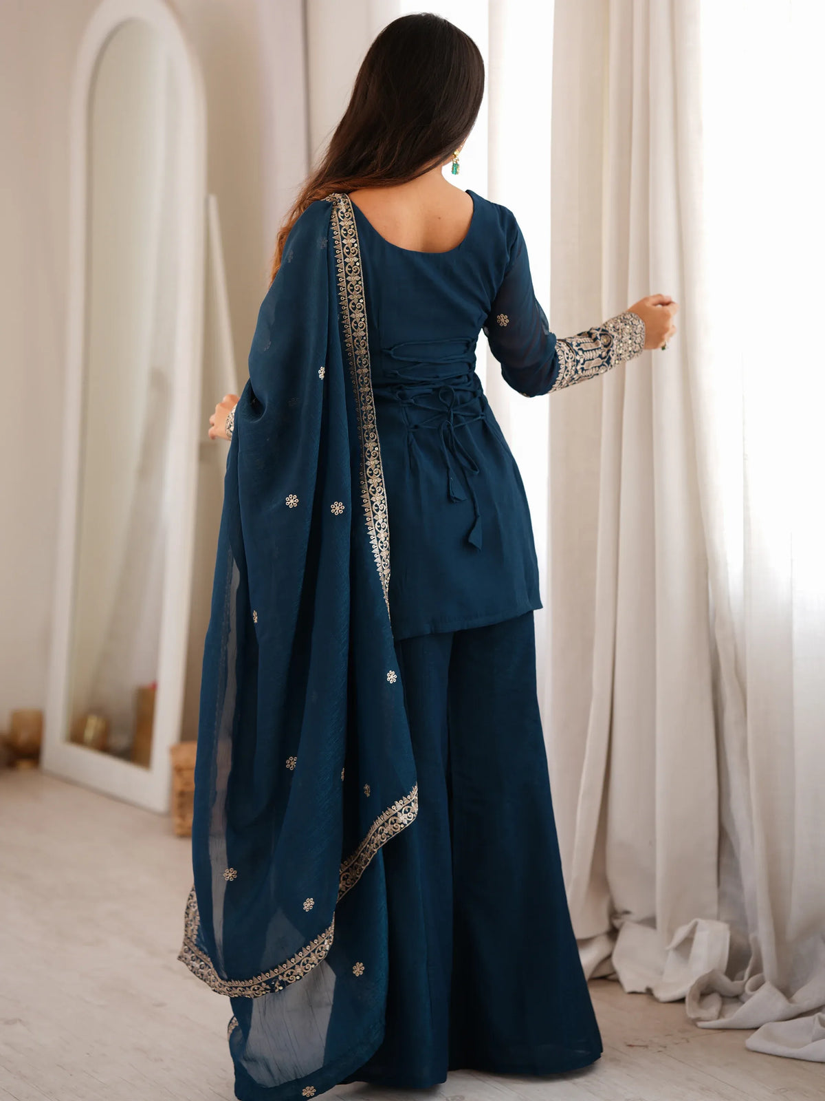 Astonishing Teal Blue Embroidered Silk Event Wear Palazzo Suit