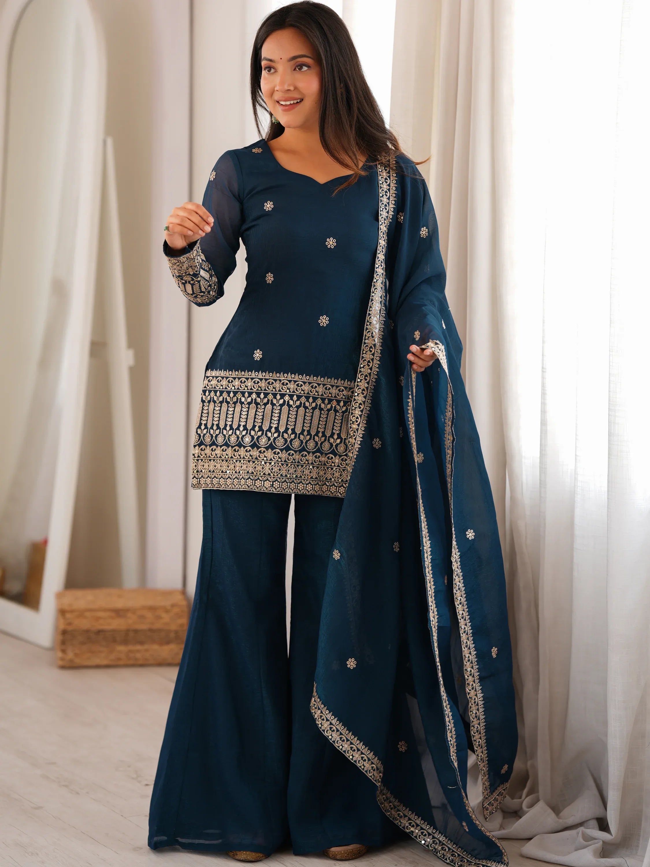 Astonishing Teal Blue Embroidered Silk Event Wear Palazzo Suit