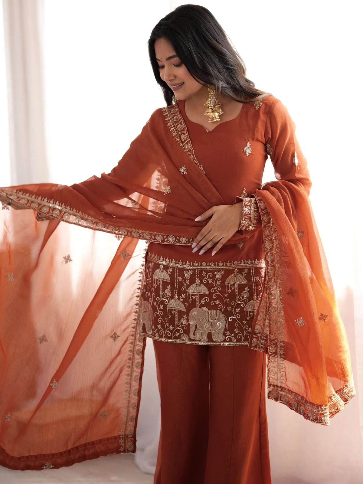 Exceptional Rust Orange Zari Work Silk Function Wear Palazzo Suit