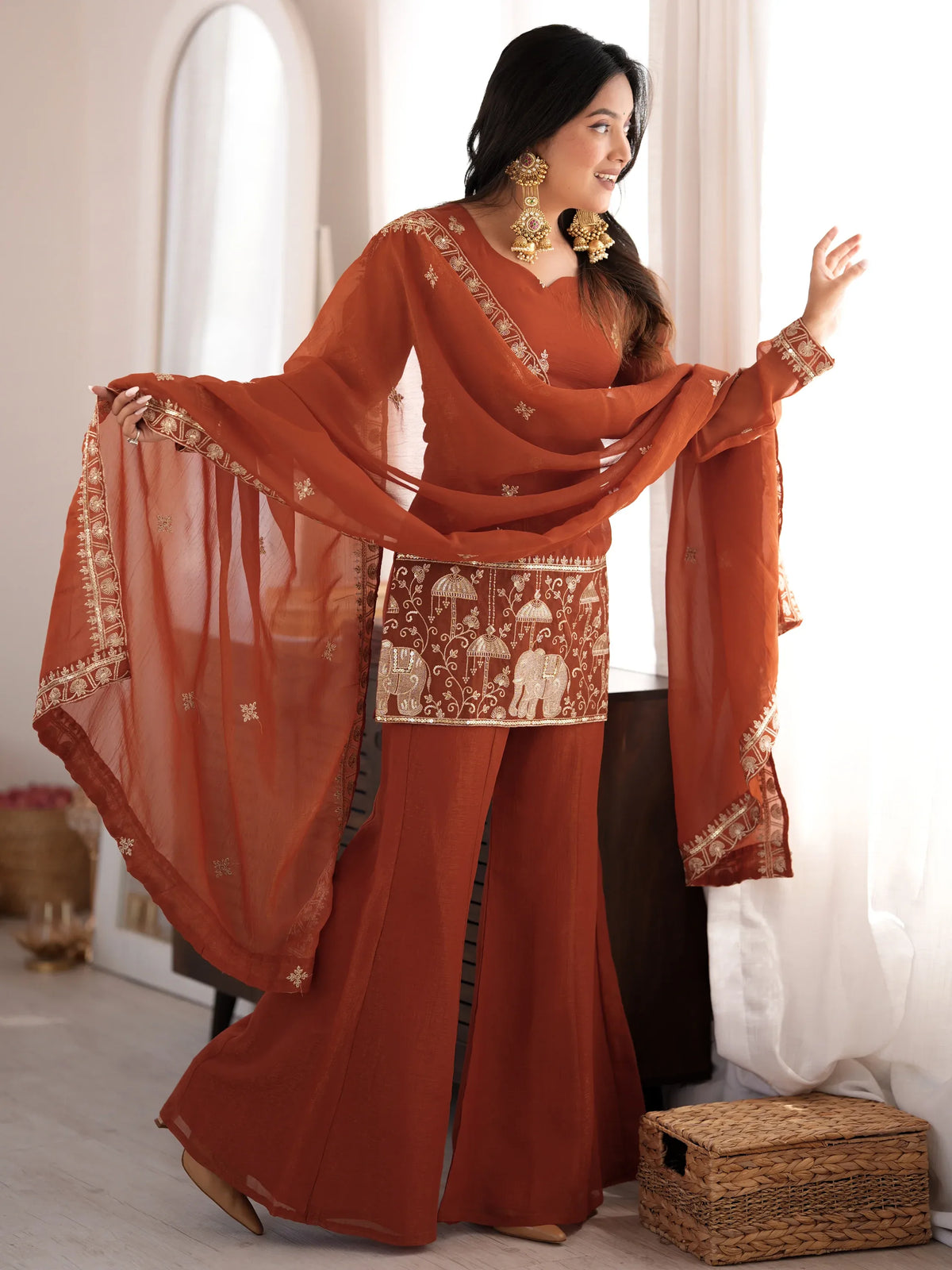 Exceptional Rust Orange Zari Work Silk Function Wear Palazzo Suit