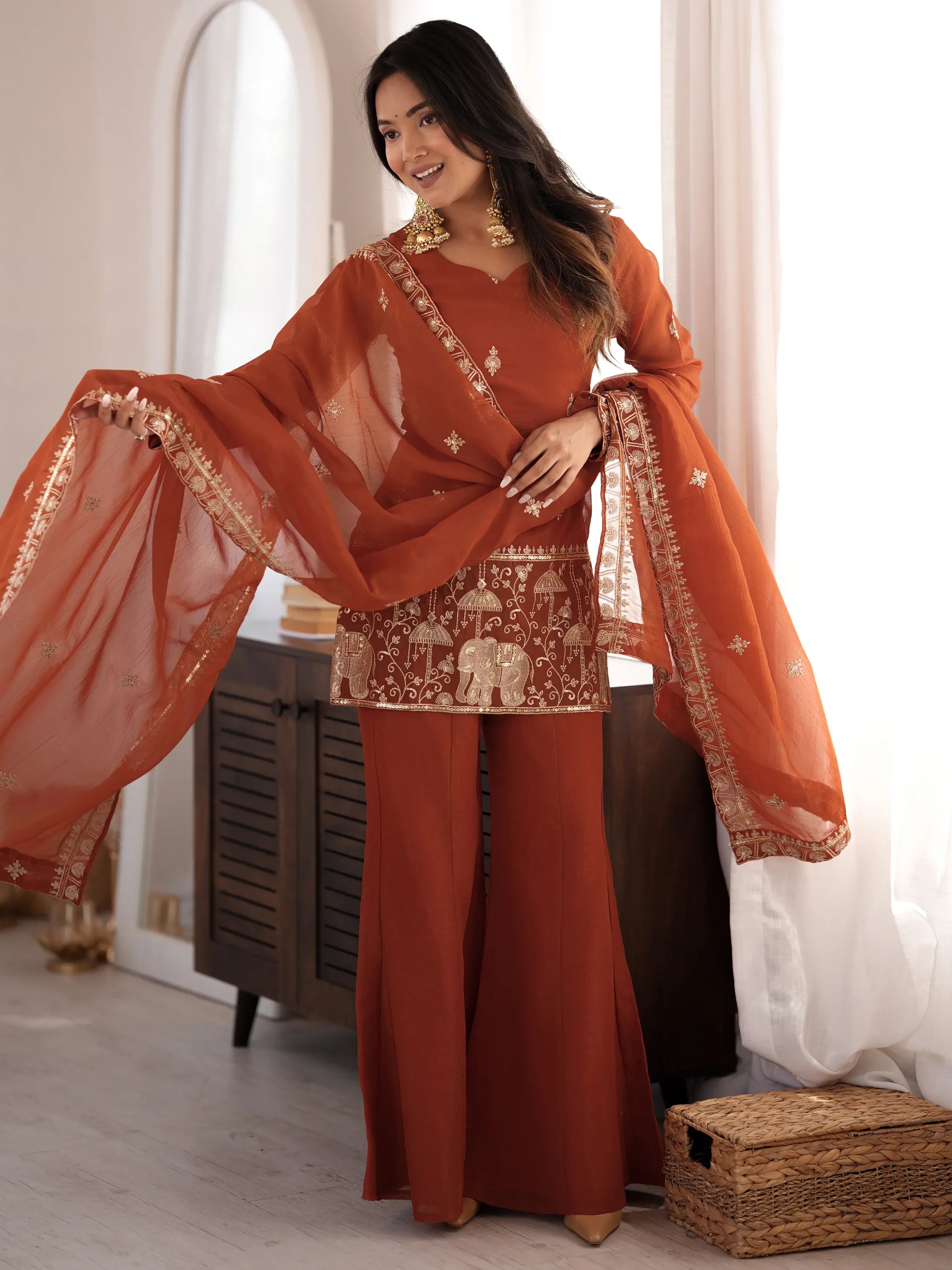 Exceptional Rust Orange Zari Work Silk Function Wear Palazzo Suit