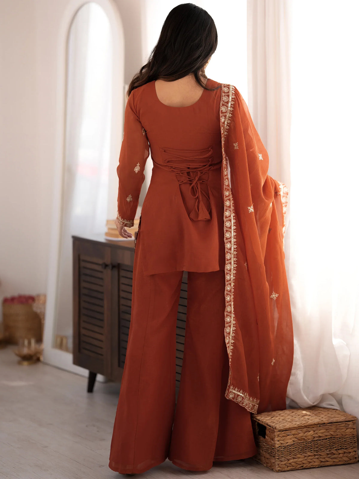 Exceptional Rust Orange Zari Work Silk Function Wear Palazzo Suit