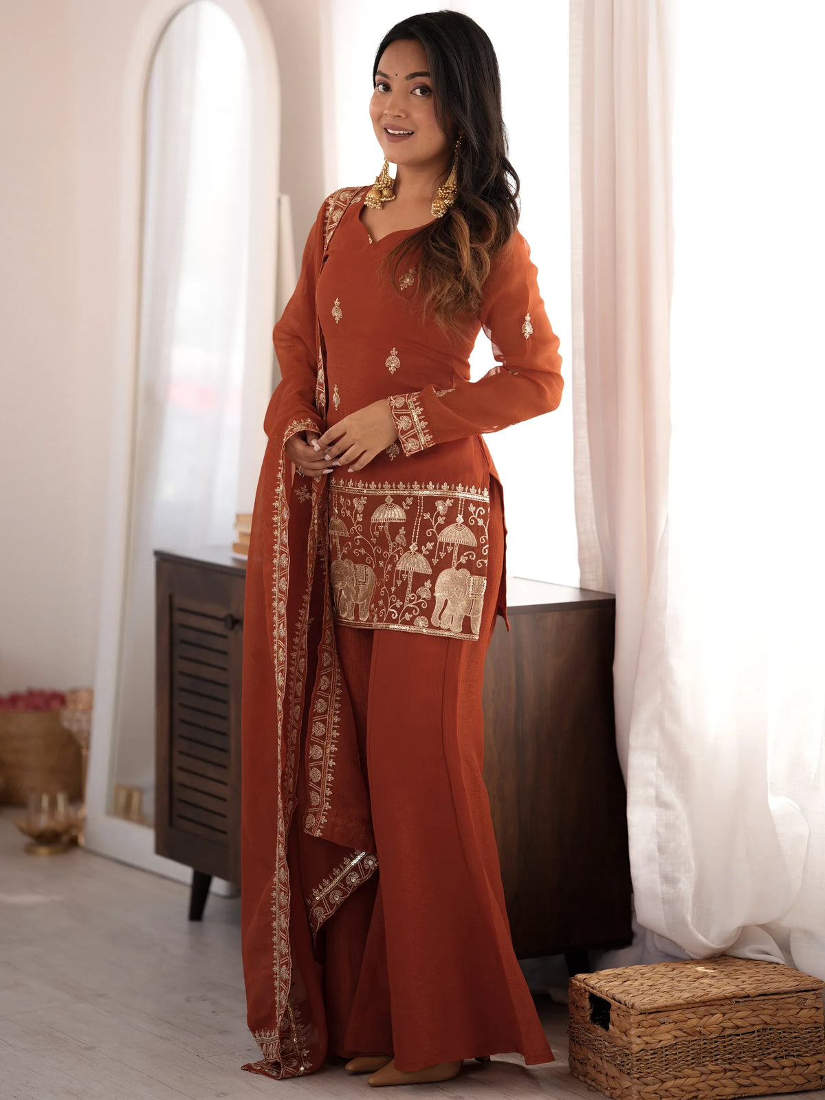 Exceptional Rust Orange Zari Work Silk Function Wear Palazzo Suit