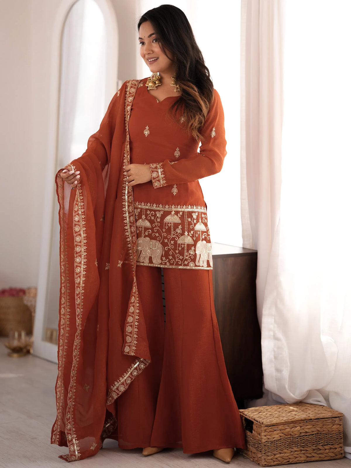 Exceptional Rust Orange Zari Work Silk Function Wear Palazzo Suit