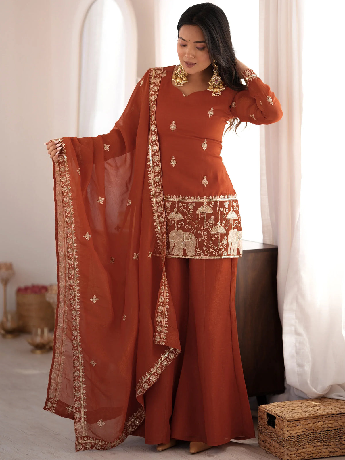 Exceptional Rust Orange Zari Work Silk Function Wear Palazzo Suit