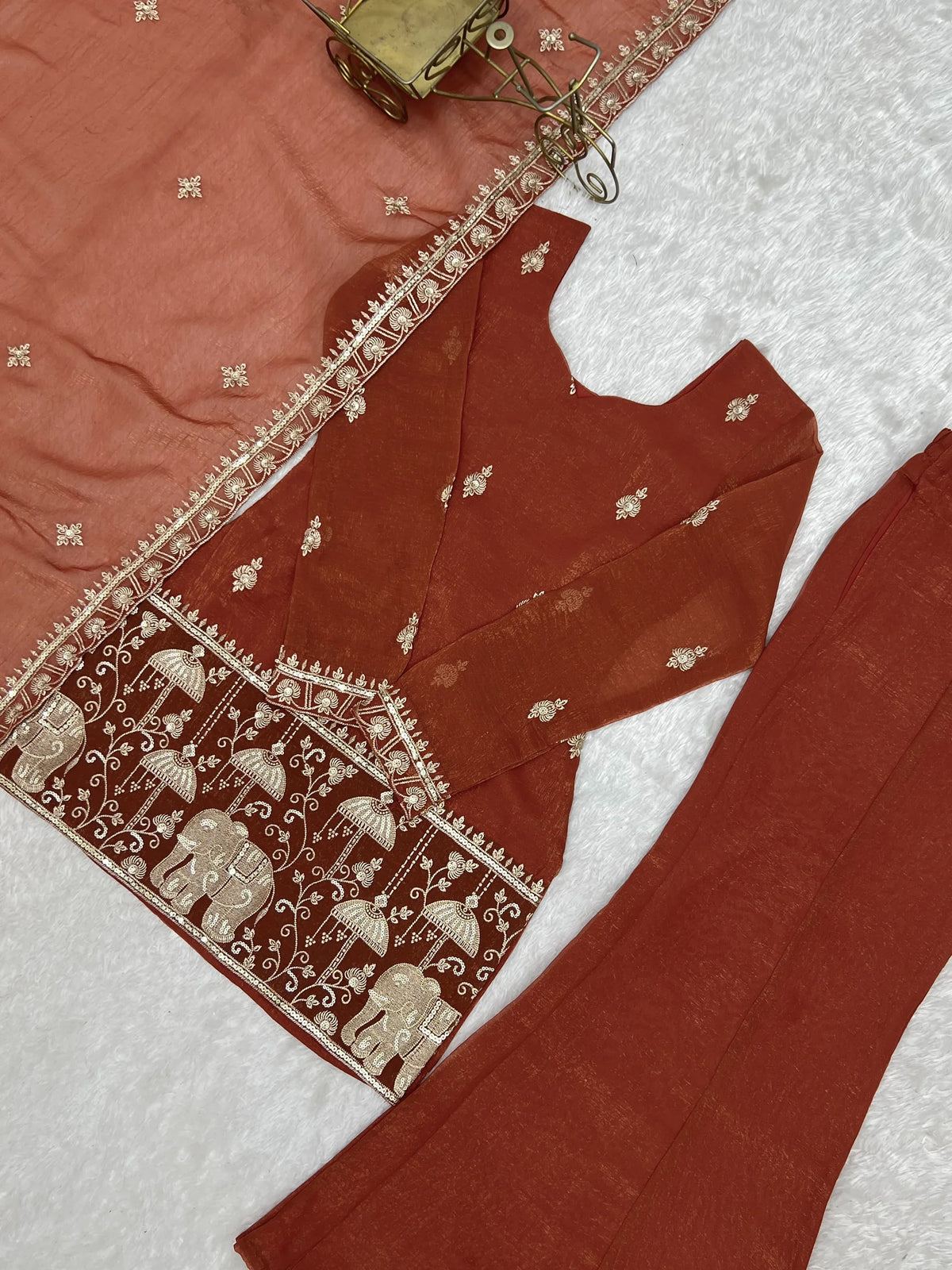 Exceptional Rust Orange Zari Work Silk Function Wear Palazzo Suit