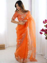 Beautiful Orange Embroidered Organza Festive Wear Saree With Blouse