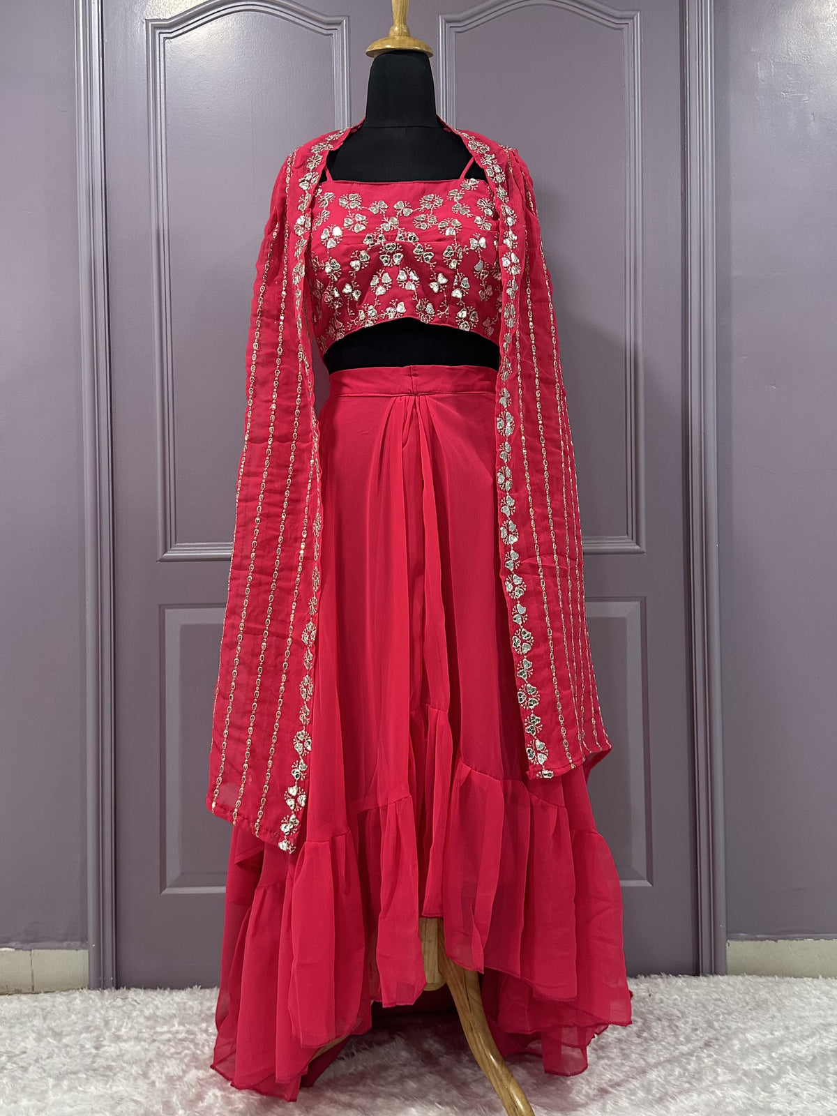 Chic Rani Pink Paper Mirror Work Party Wear Crop Top Lehenga With Shrug