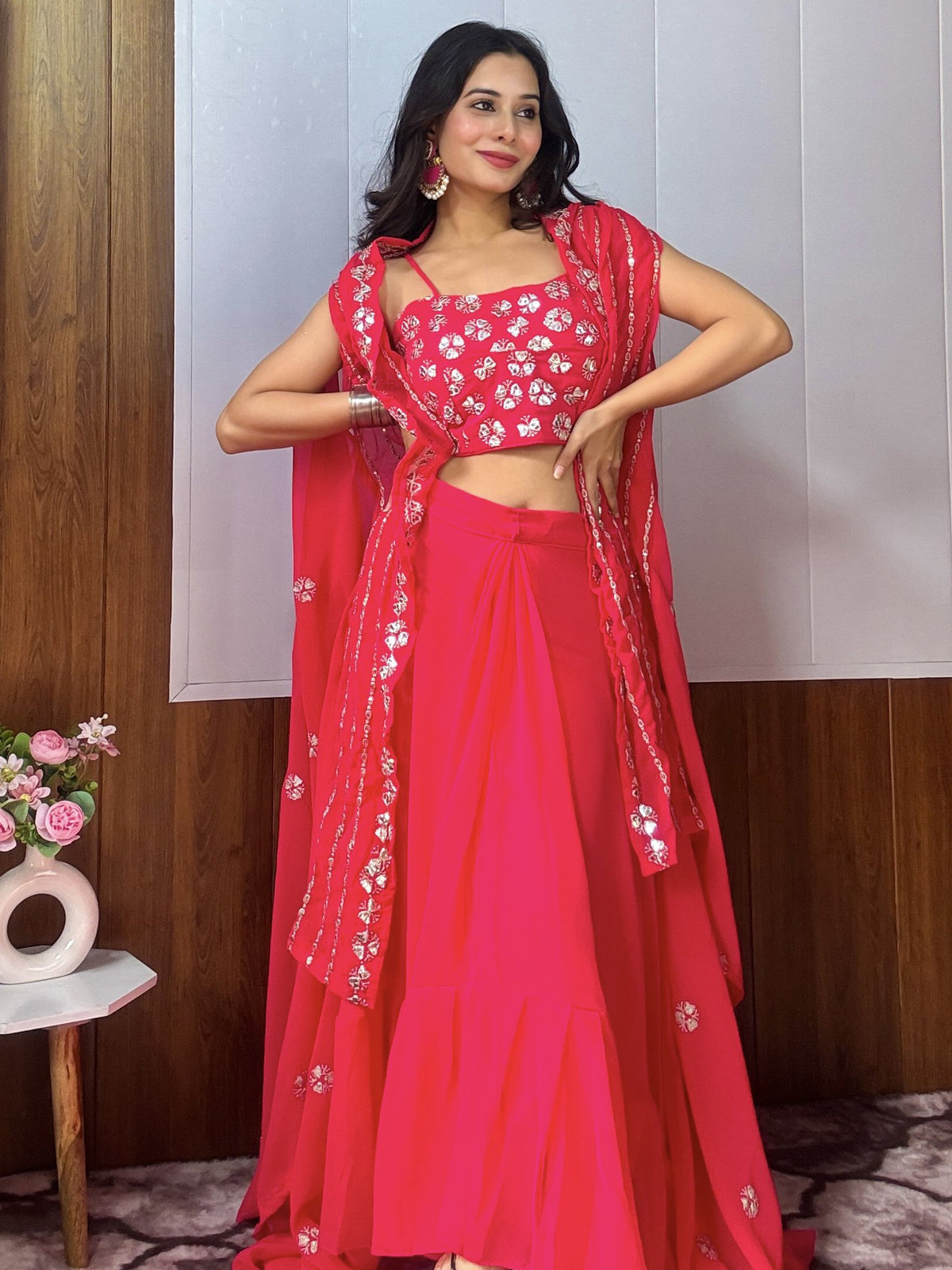 Chic Rani Pink Paper Mirror Work Party Wear Crop Top Lehenga With Shrug