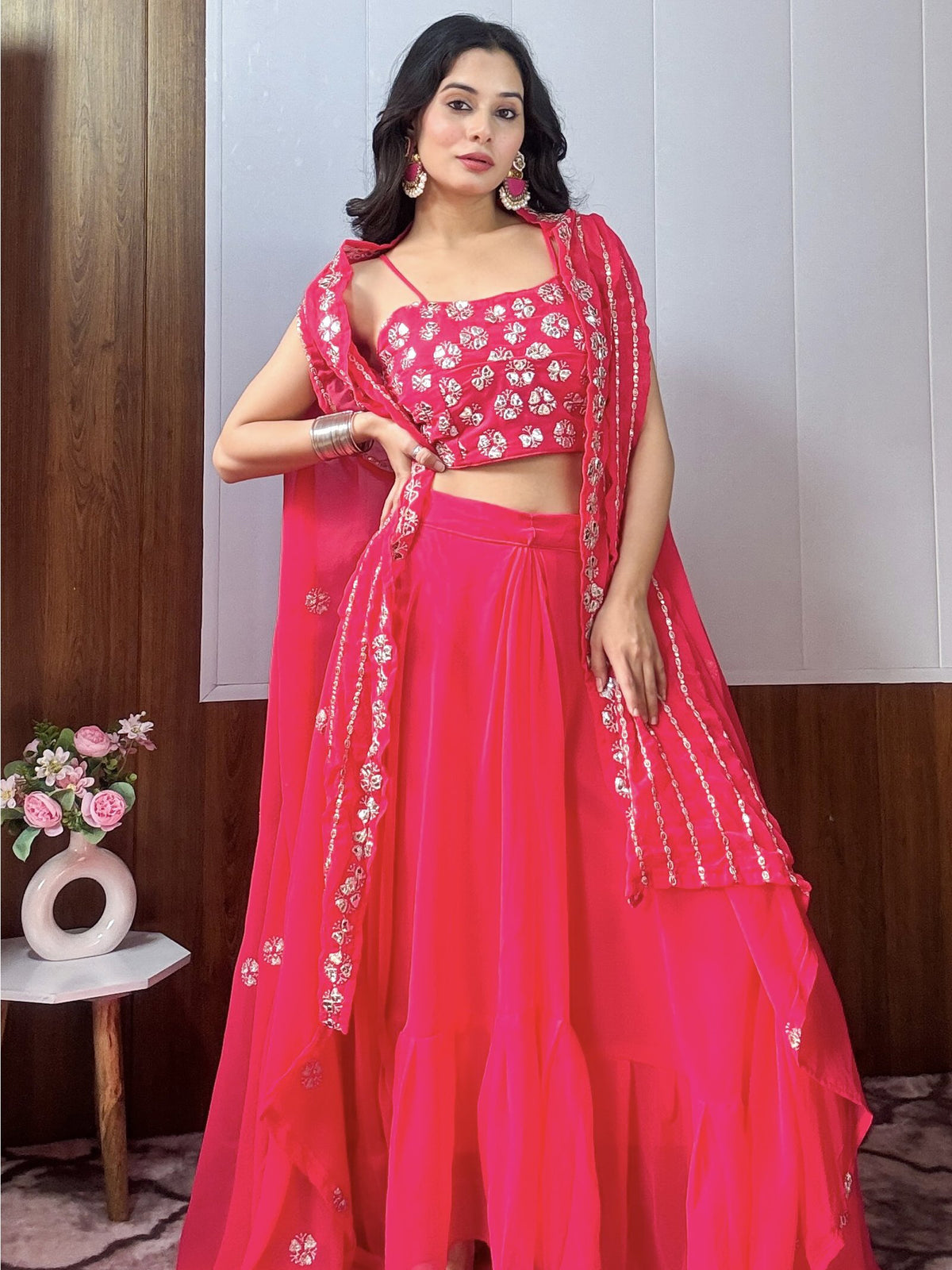 Chic Rani Pink Paper Mirror Work Party Wear Crop Top Lehenga With Shrug