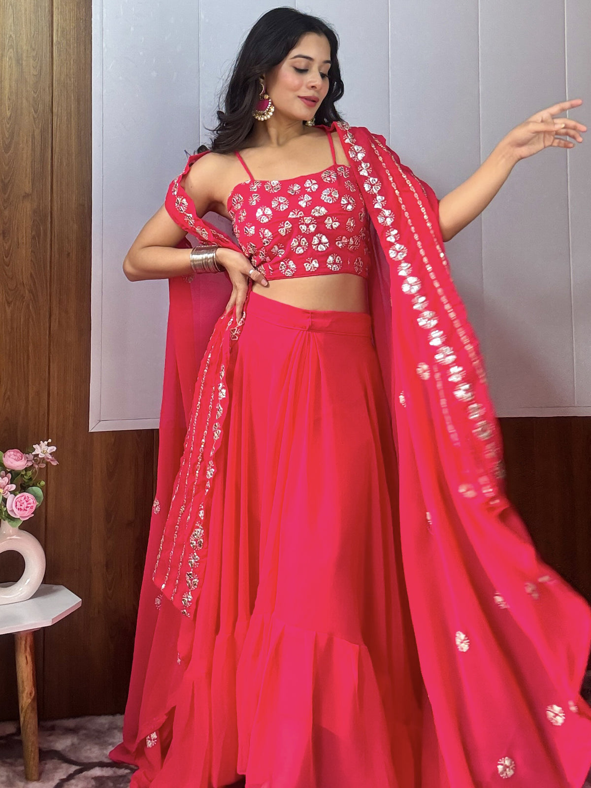 Chic Rani Pink Paper Mirror Work Party Wear Crop Top Lehenga With Shrug
