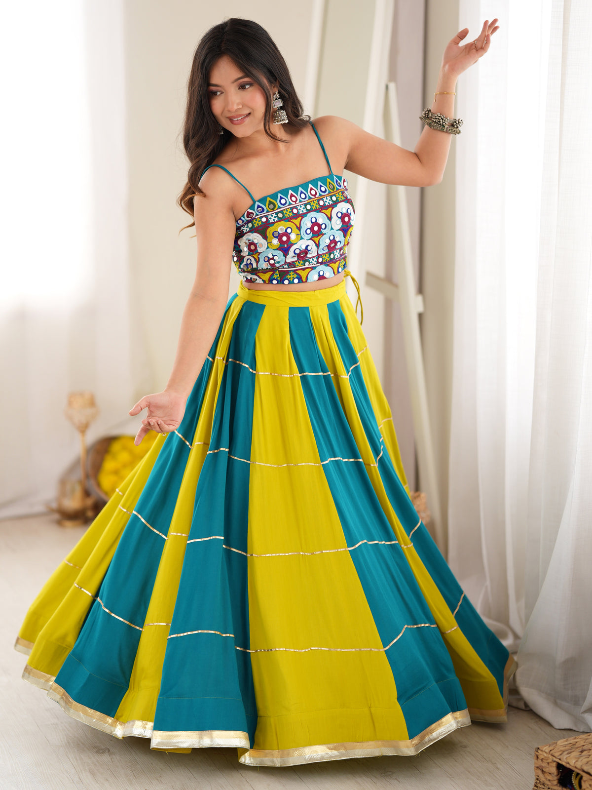 Exclusive Teal Blue Thread Work Rayon Navratri Special Lehenga Choli