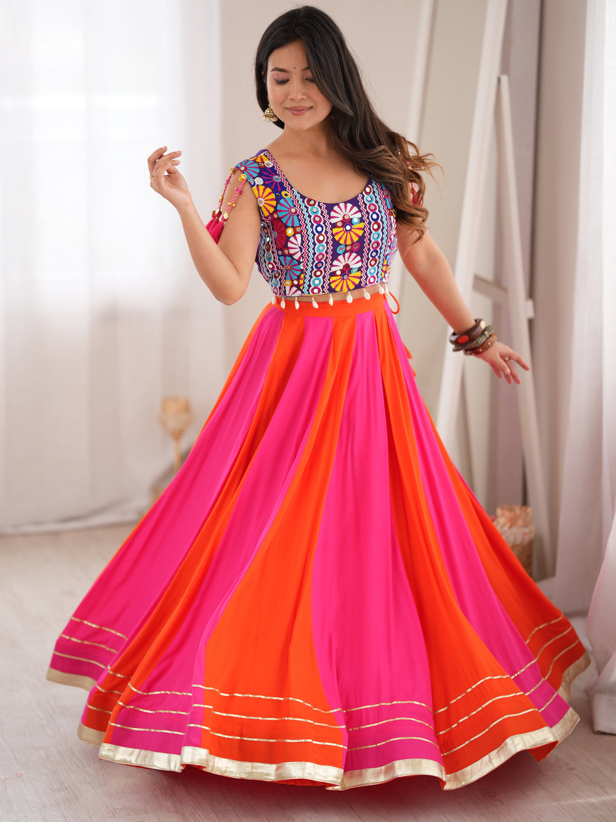 Chic Orange-Pink Rayon Navratri Wear Lehenga With Thread Work Choli