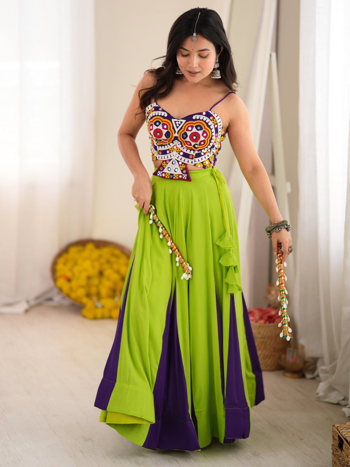 Tremendous Green Gota Laced Rayon Navratri Special Lehenga Choli