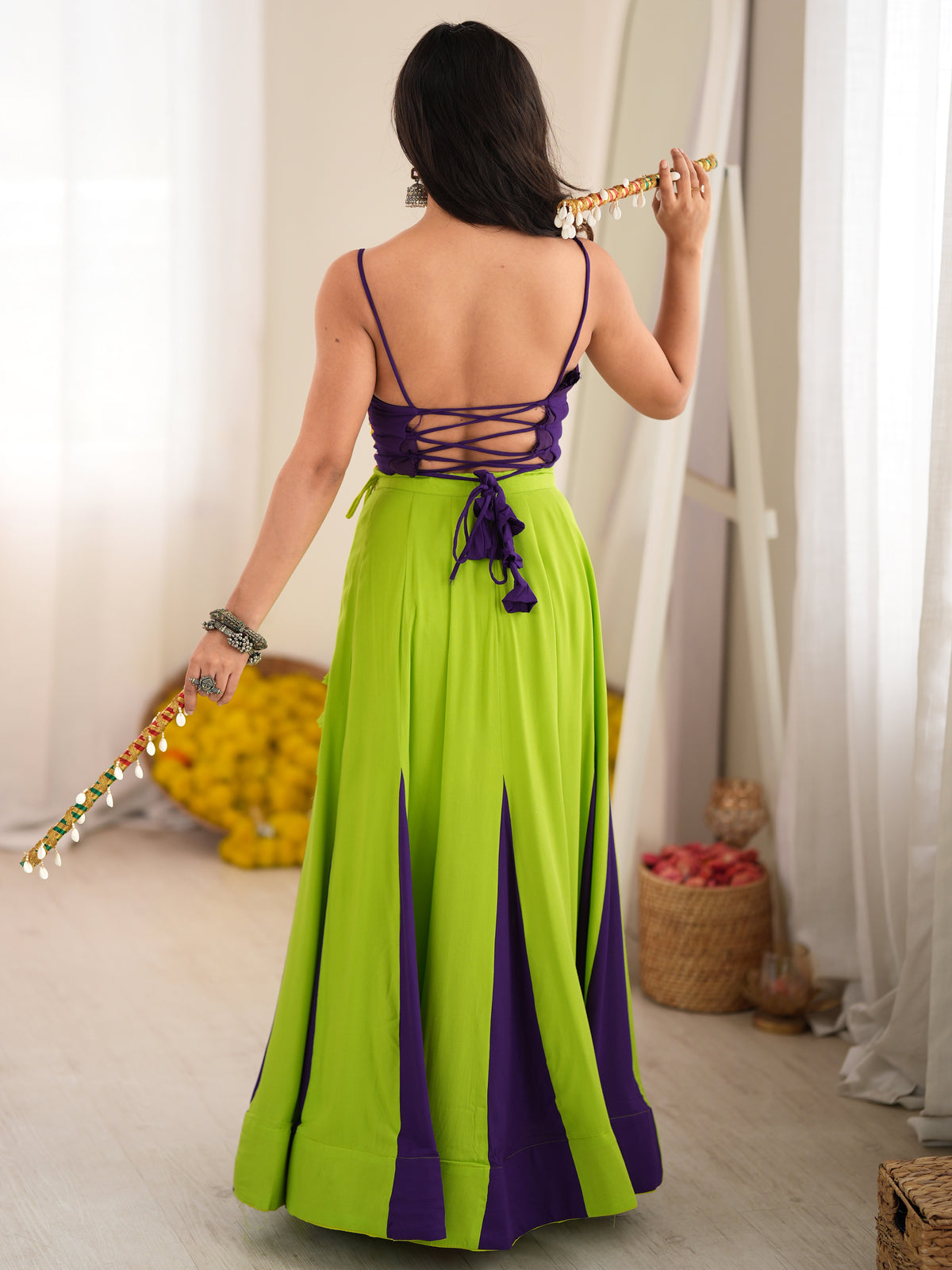 Tremendous Green Gota Laced Rayon Navratri Special Lehenga Choli