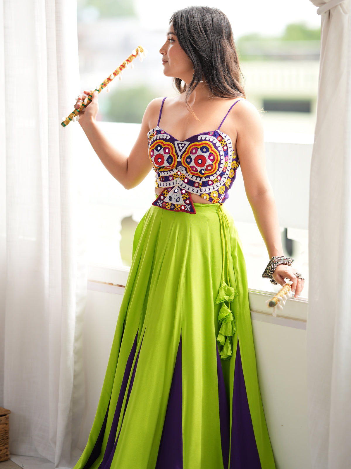 Tremendous Green Gota Laced Rayon Navratri Special Lehenga Choli