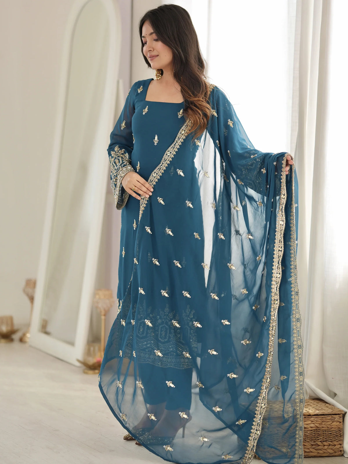 Majestic Teal Blue Sequins Georgette Wedding Wear Salwar Suit