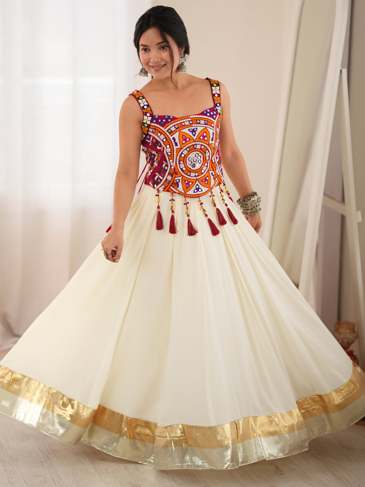 Lavish Off-White Rayon Navratri Wear Lehenga With Thread Work Choli