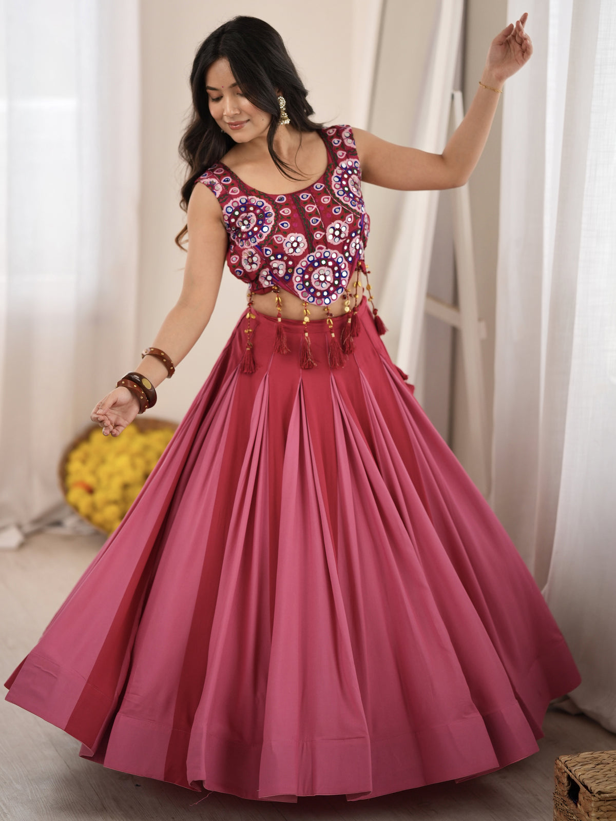 Fantastic Pink Rayon Navratri Wear Lehenga With Embroidered Blouse