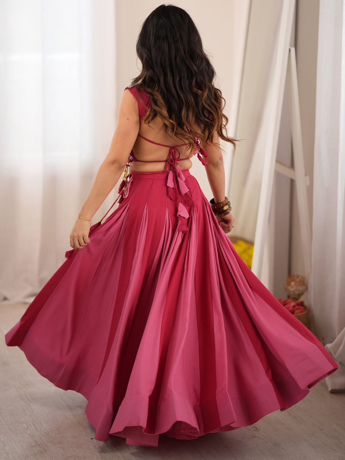 Fantastic Pink Rayon Navratri Wear Lehenga With Embroidered Blouse