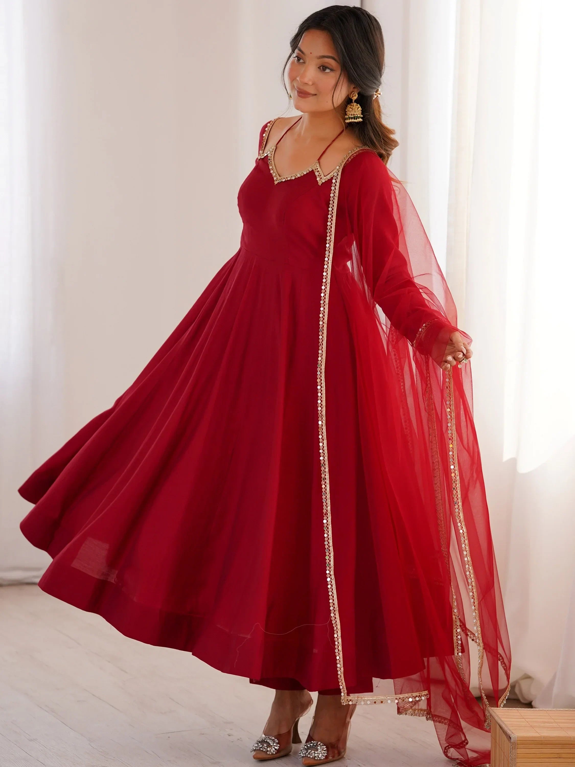 Charming Red Plain Georgette Wedding Wear Anarakali Suit