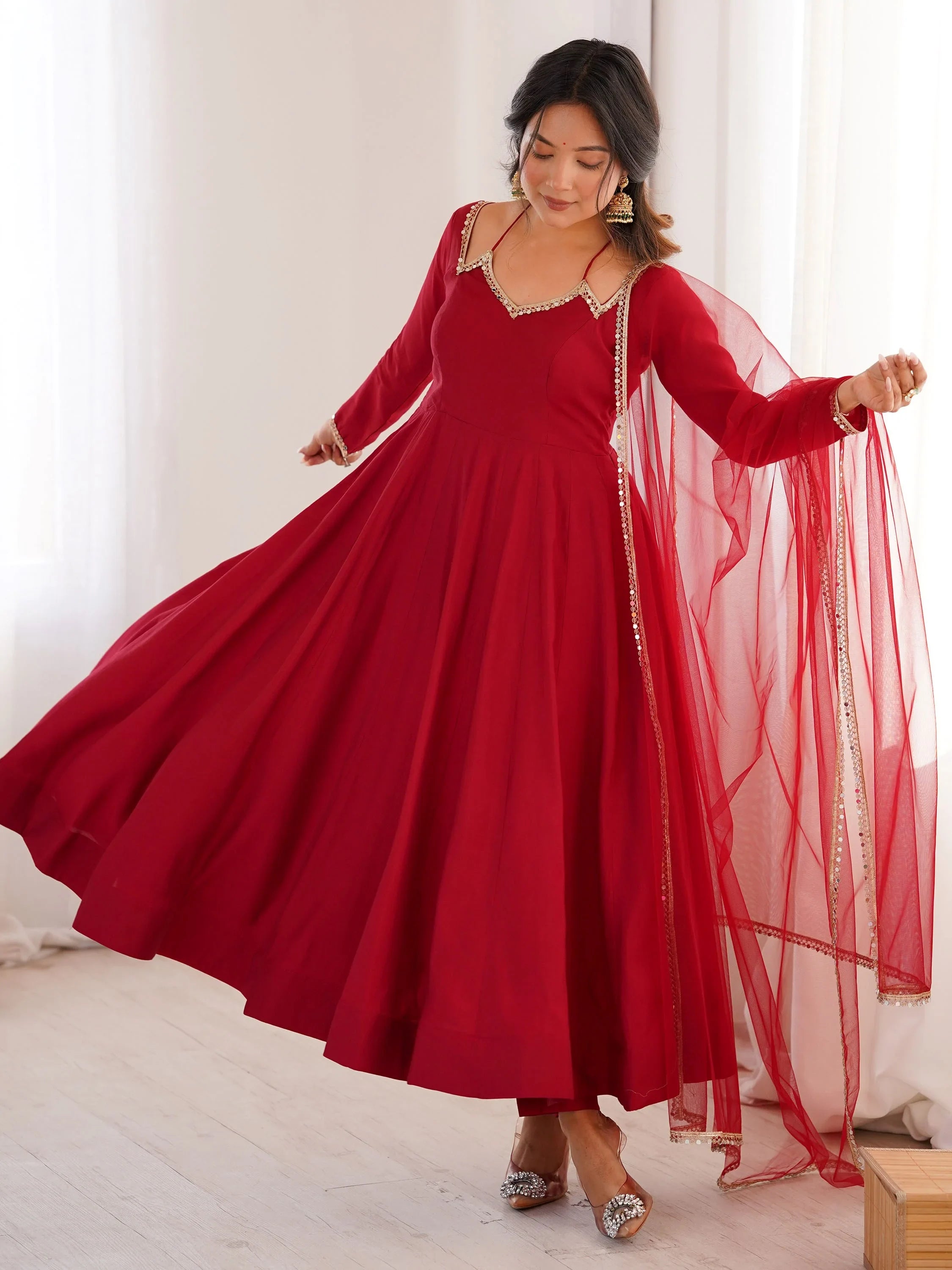 Graceful Maroon Georgette Traditional Anarkali Gown With Dupatta
