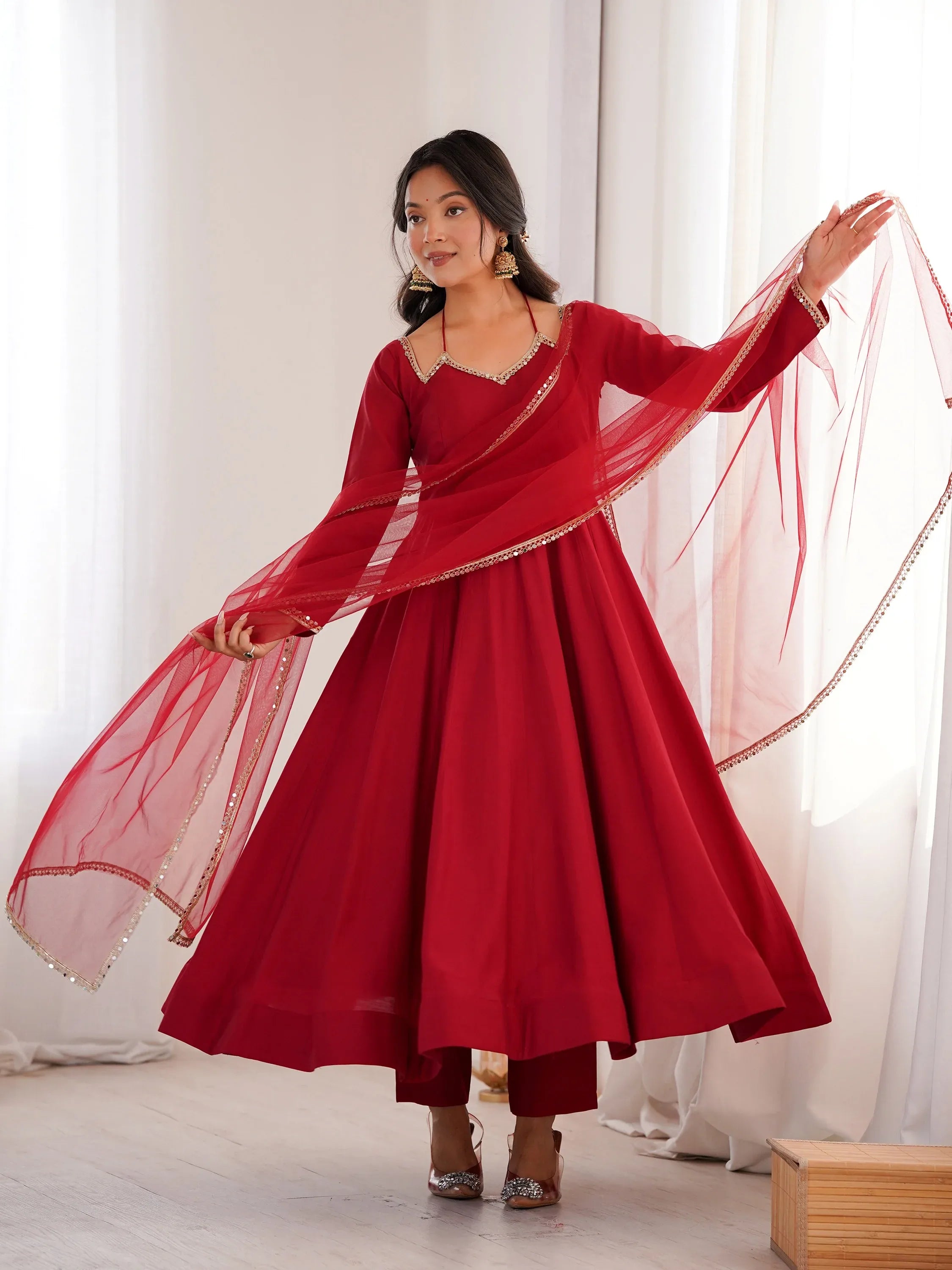 Graceful Maroon Georgette Traditional Anarkali Gown With Dupatta