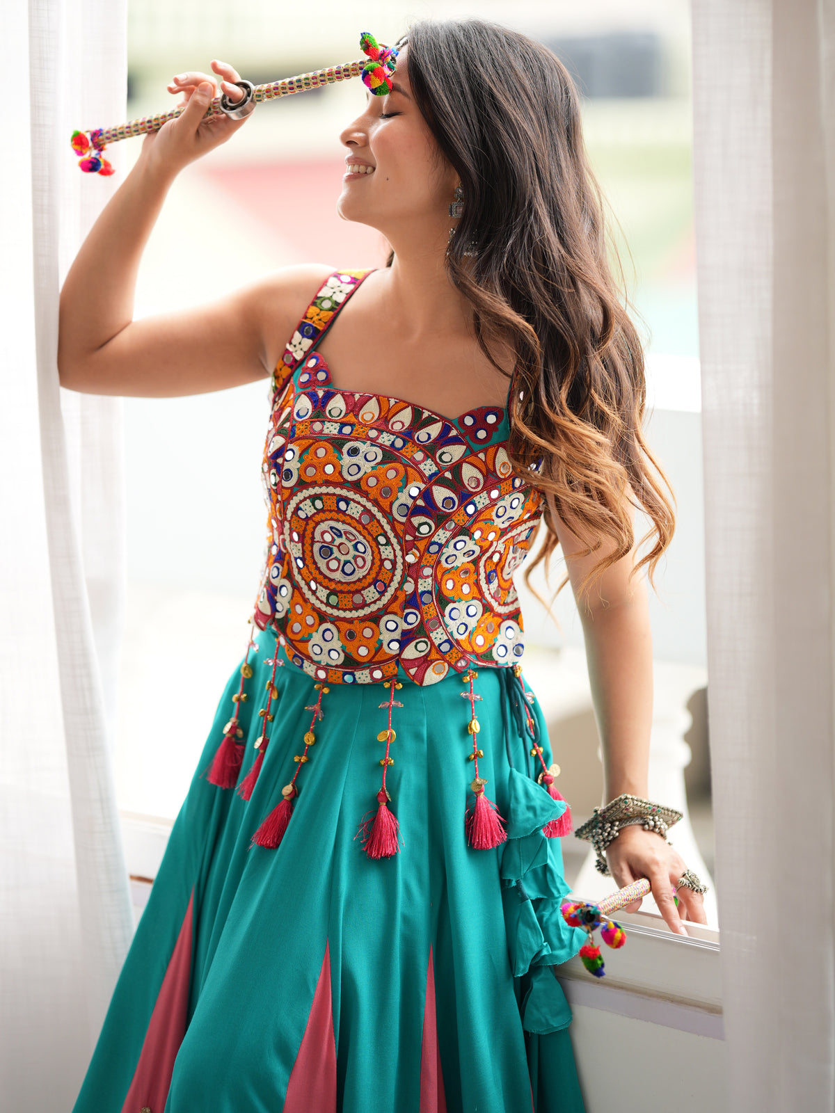 Stylish Teal Blue Navratri Special Lehenga With Thread Work Blouse